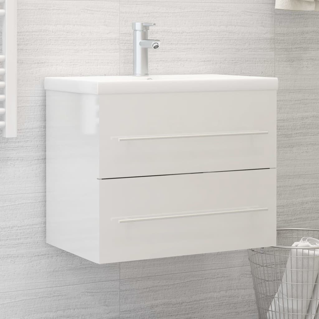 vidaXL Badezimmerspiegelschrank Waschbeckenunterschrank mit (1-St) Einbaubecken Hochglanz-Weiß