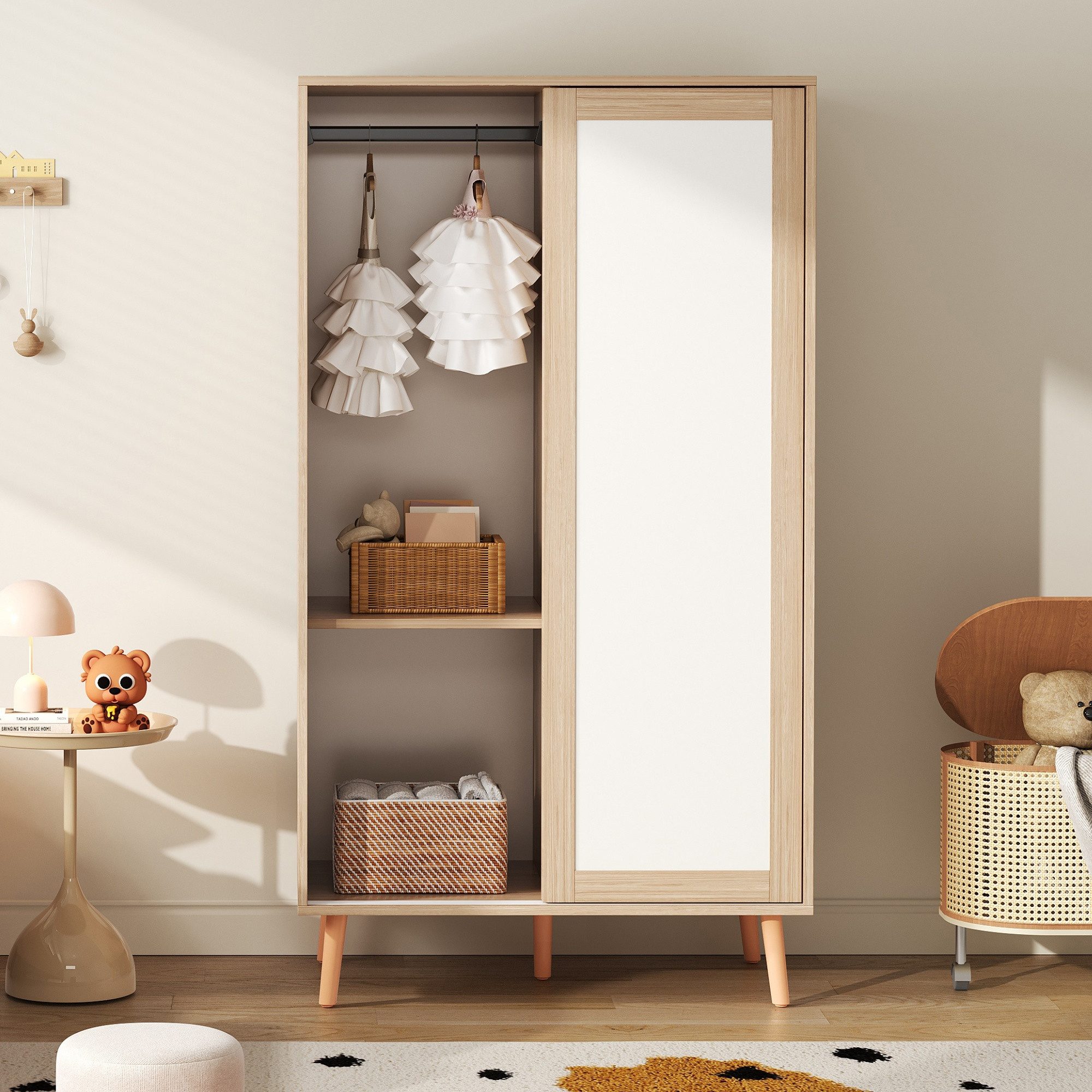 Odikalo Kinderkleiderschrank Schiebetürenschrank mit Kleiderstange (Spanpla günstig online kaufen