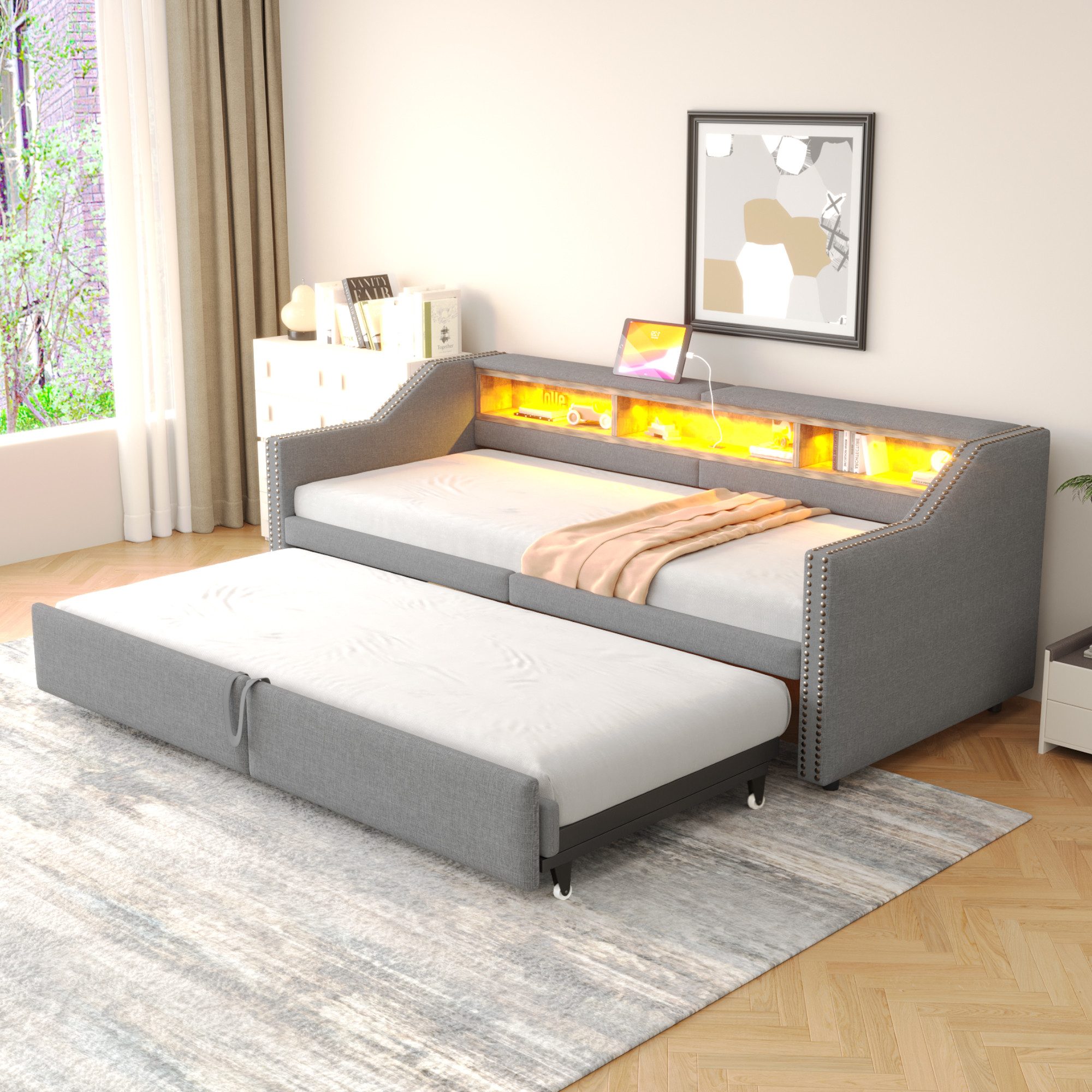 Flieks Daybett, Ausziehbares Polsterbett Schlafsofa 90/180x200cm mit USB-Laden