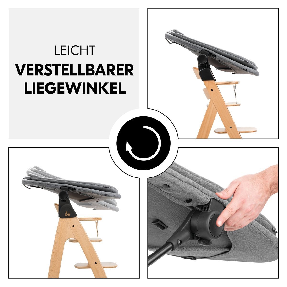 Hauck Hochstuhl Alpha Plus Grey Newborn Set (Set), Holz Babystuhl ab Geburt inkl. Aufsatz für Neugeborene & Sitzauflage