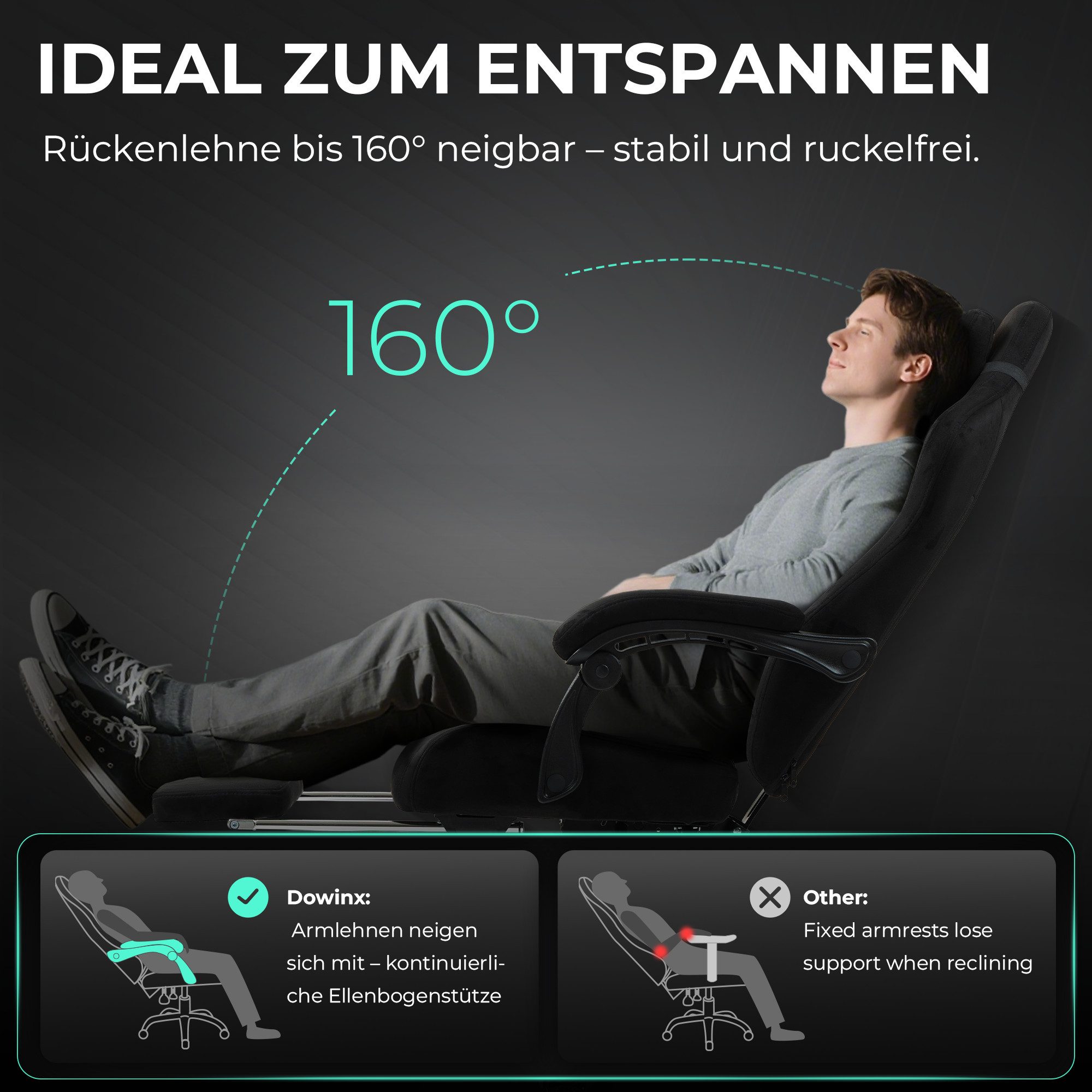 Dowinx Gaming-Stuhl Atmungsaktiver und Ergonomischer Bürostuhl aus Mikrofaser-Velours (Packung), Weiches Sitzgefühl, Verstellbarer Schreibtischstuhl mit Fußstütze