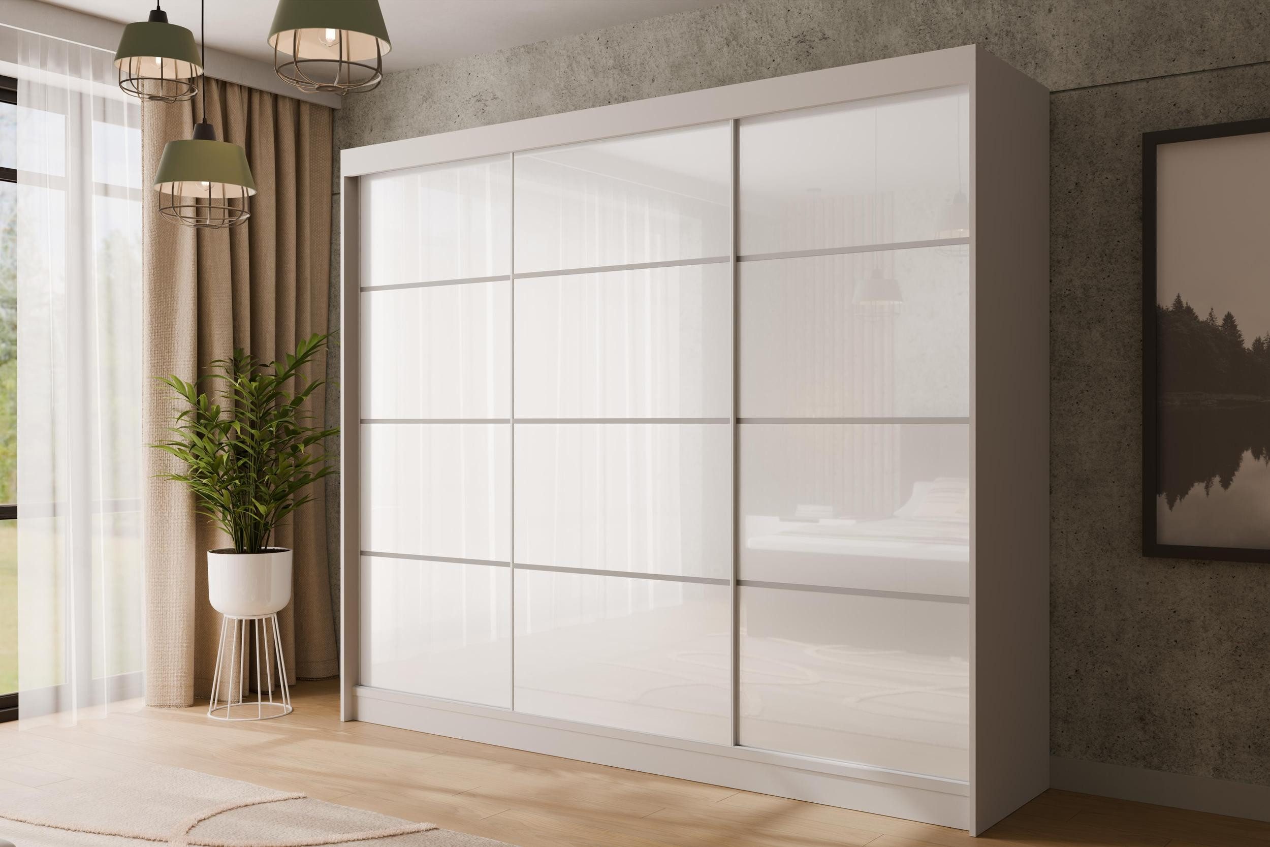 ALTDECOR Schiebetürenschrank PEKA3 (Kleiderschrank Garderobenschrank mit viel Stauraum Moderner Schrank) Vielseitiger Schwebetürenschrank Lacobel LED Beleuchtung