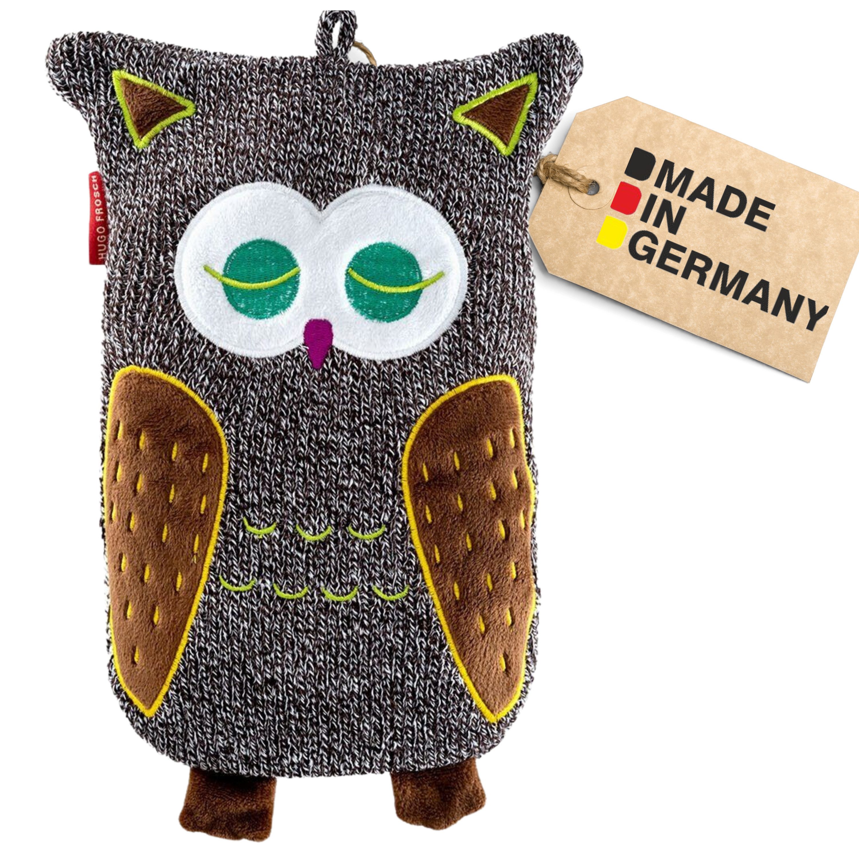 Hugo Frosch Wärmflasche Öko Junior 0,8 l formstabil Made in Germany mit Tierbezug, Strick Eule Grau - langlebige Bettflasche, waschbarer Überzug