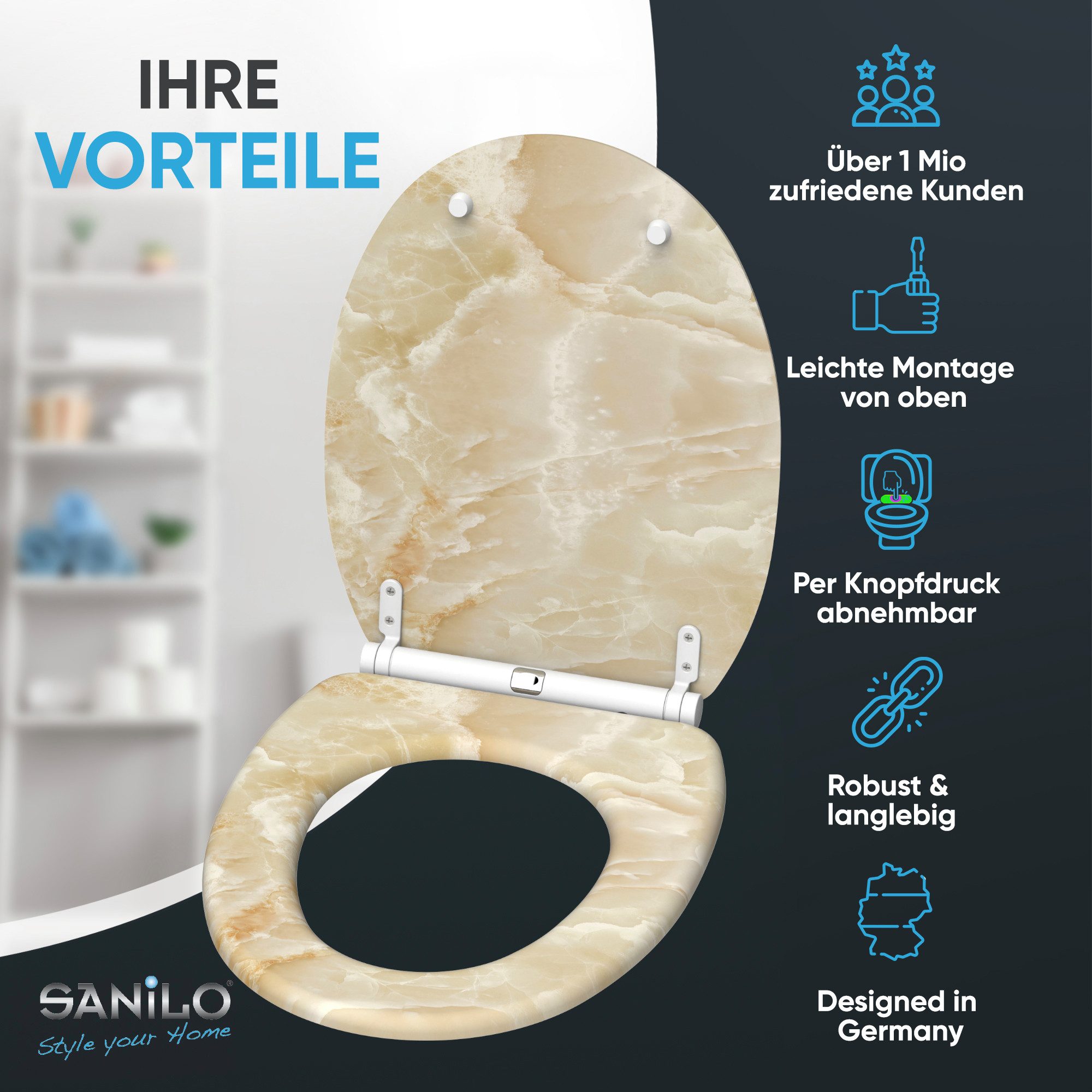 Sanilo WC-Sitz Marmor Natur mit Absenkautomatik & Quick Release, Premium Toilettendeckel, abnehmbar, leichte Montage von oben