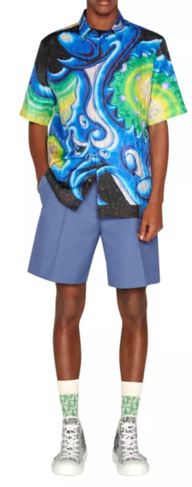 Dior Kurzarmhemd Homme Kenny Scharf Seiden Hemd mit Oblique-Muster Perlmuttknöpfe mit Dior-Signatur