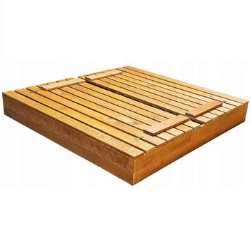 QLS Sandkasten 150cm mit Bank, aus Holz Imprägniert Abdeckung Unkrautvlies Sandbox 148 x 152 cm
