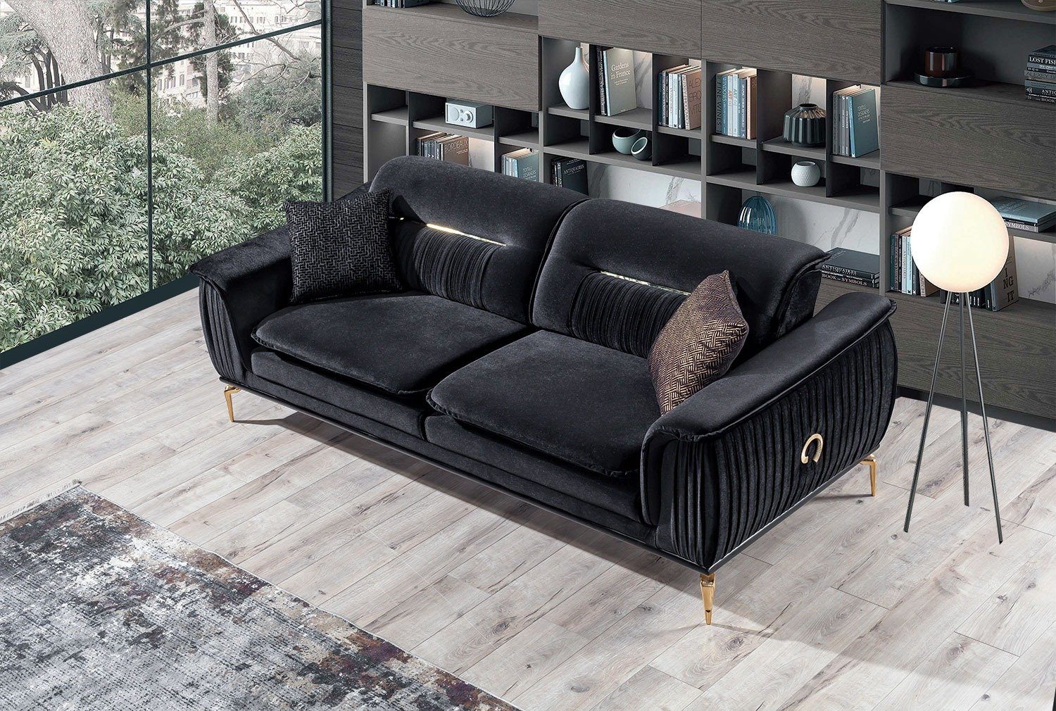Villa Möbel Sofa Bologna, 1 Stk. 2-Sitzer, Quality Made in Turkey, Luxus-Microfaser (100% Polyester) Schwarz
