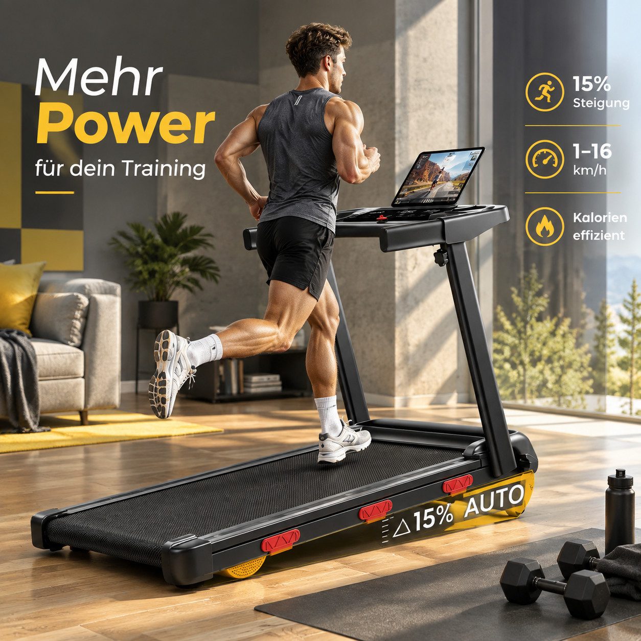 BAYMATE Laufband für Zuhause (klappbares Laufband mit 12 Programmen, 3,0 HP leiser Motor, MAX 160kg, Mit Halterung, mit Rädern, mit Trinkfaschenhalter), mit automatischer Steigung, 12KM/H Laufband mit LED