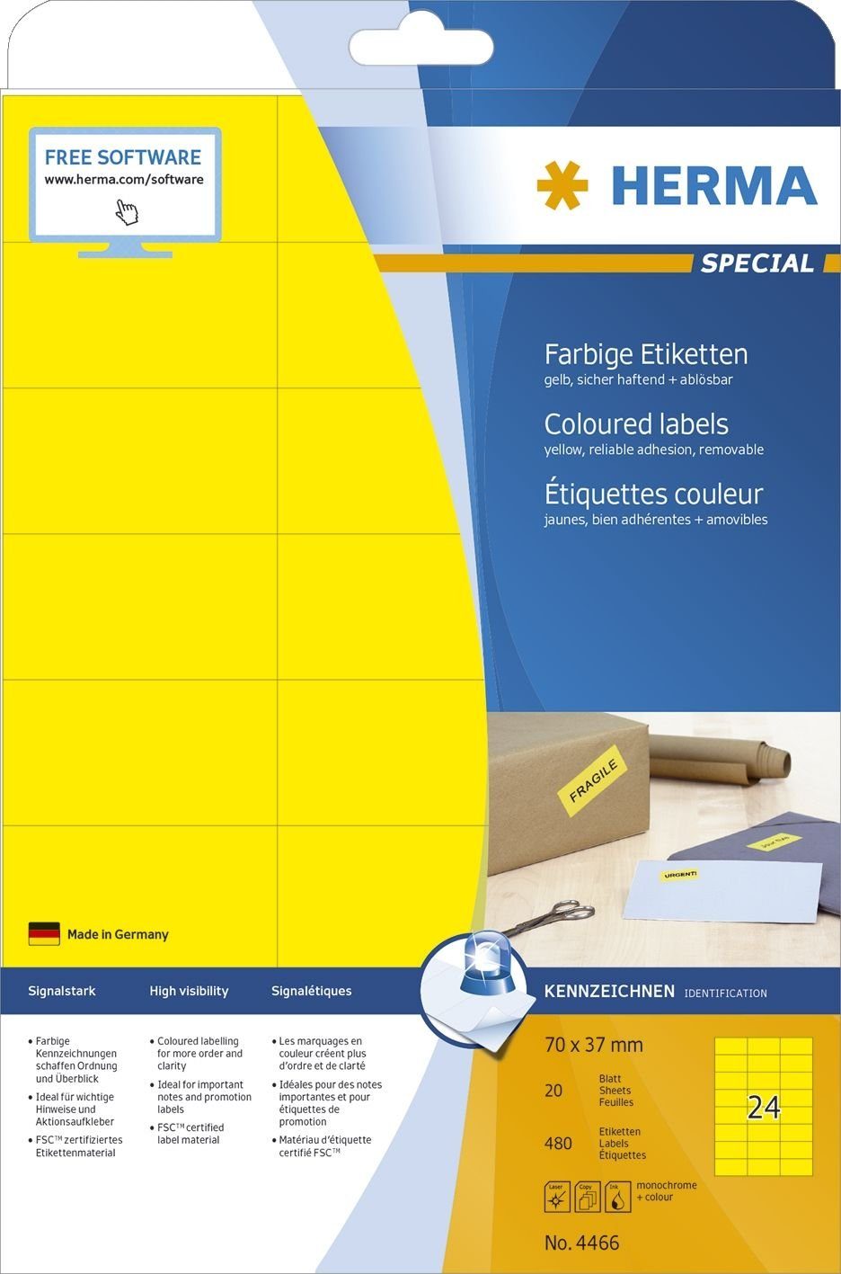 HERMA Etikett Herma 4466 Etiketten A4 gelb 70x37 mm Papier matt 480 St.