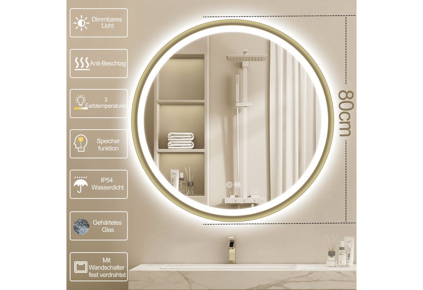Thumbnail - Sbagno Badspiegel LED-Badspiegel rund 60 cm – Bluetooth, Dimmbar, Antibeschlag, IP44