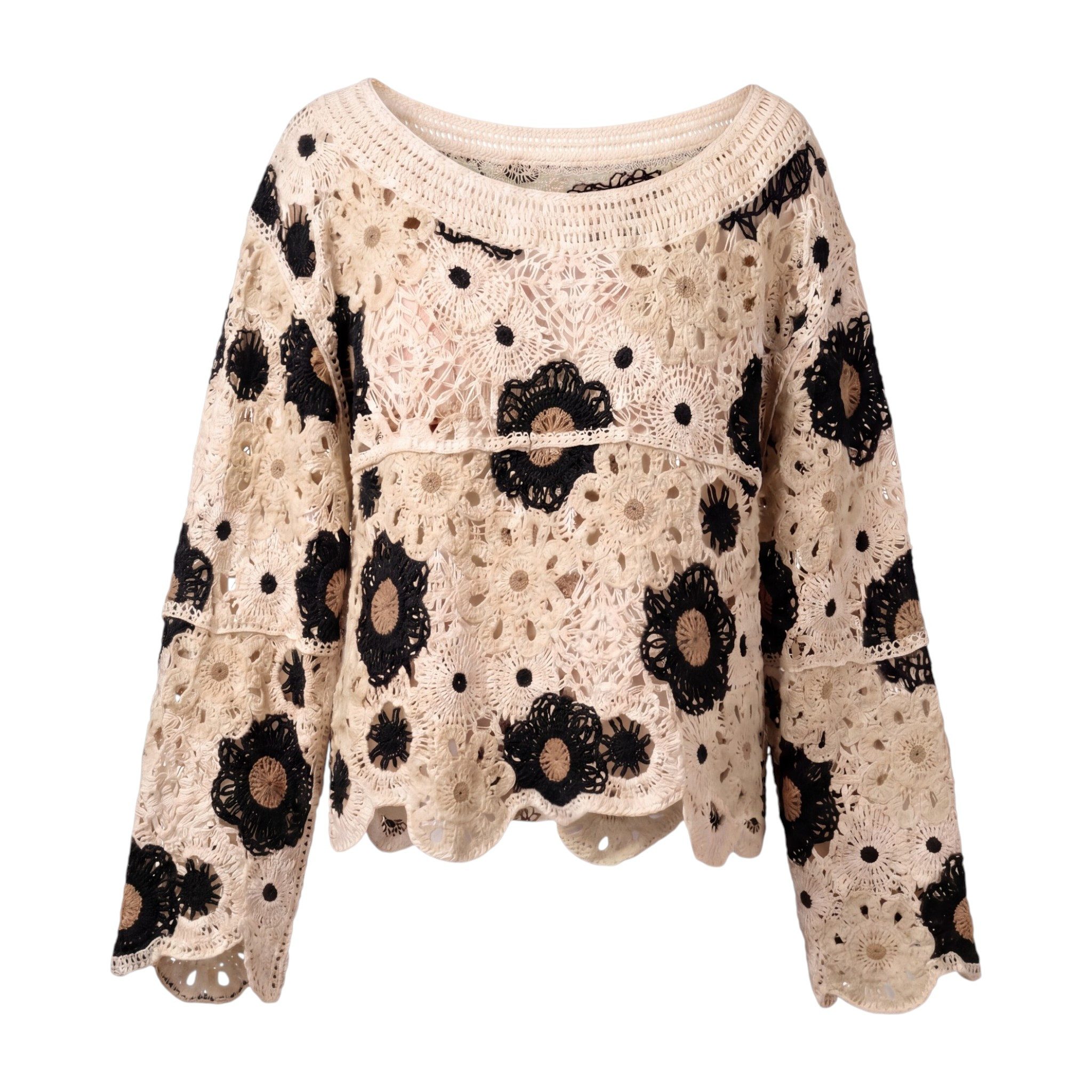 OriginalYou Strickpullover Strandshirt Damen Häkel Oberteil Cropped Sommershirt Langarm ohne Innentop, passend für 38-42, luftig und leicht