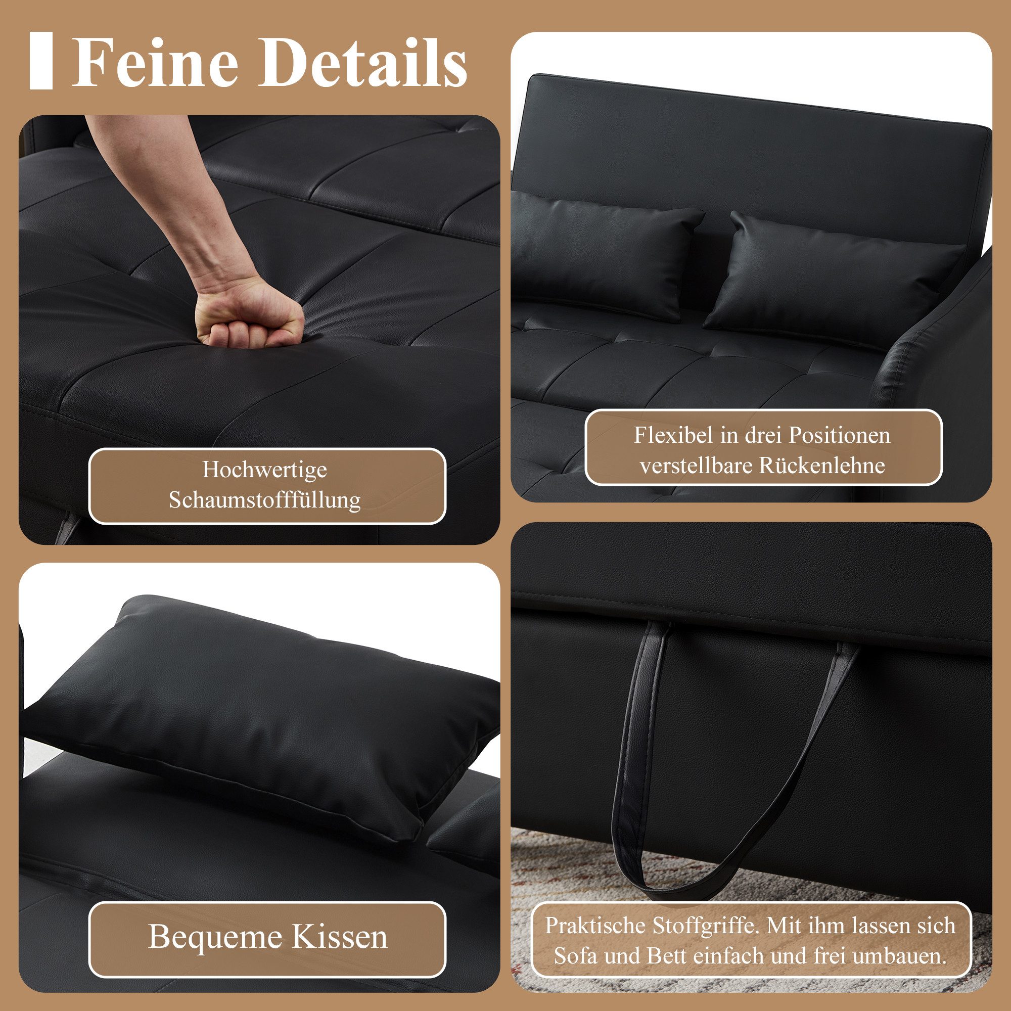 Merax Schlafsofa mit Schlaffunktion aus Kunstleder, 1 Teile, Ausziehbares Sofabett mit 3-fach verstellbarer Rückenlehne & 2 Kissen
