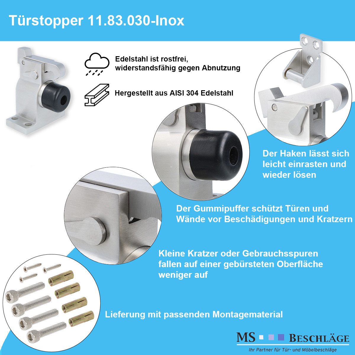 MS Beschläge Bodentürstopper Edelstahl Türfeststeller mit Puffer Türstopper (1 St), geeignet für schwere Türen, inkl. Gegenstück und Befestigungsmaterial