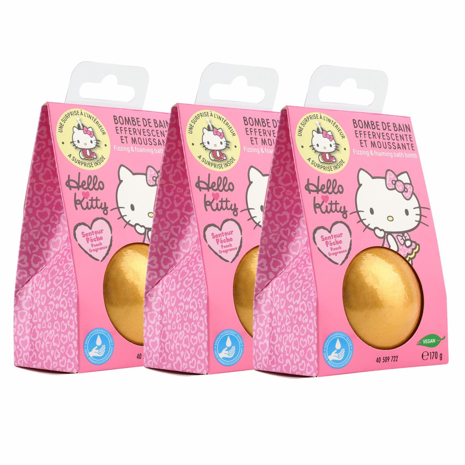 HF Home Flair Badekugel 3x Hello Kitty Badebombe - große Badekugel mit Überraschung, 3-tlg., goldene Badekugel - Pfirsichduft - Vegan- 170g