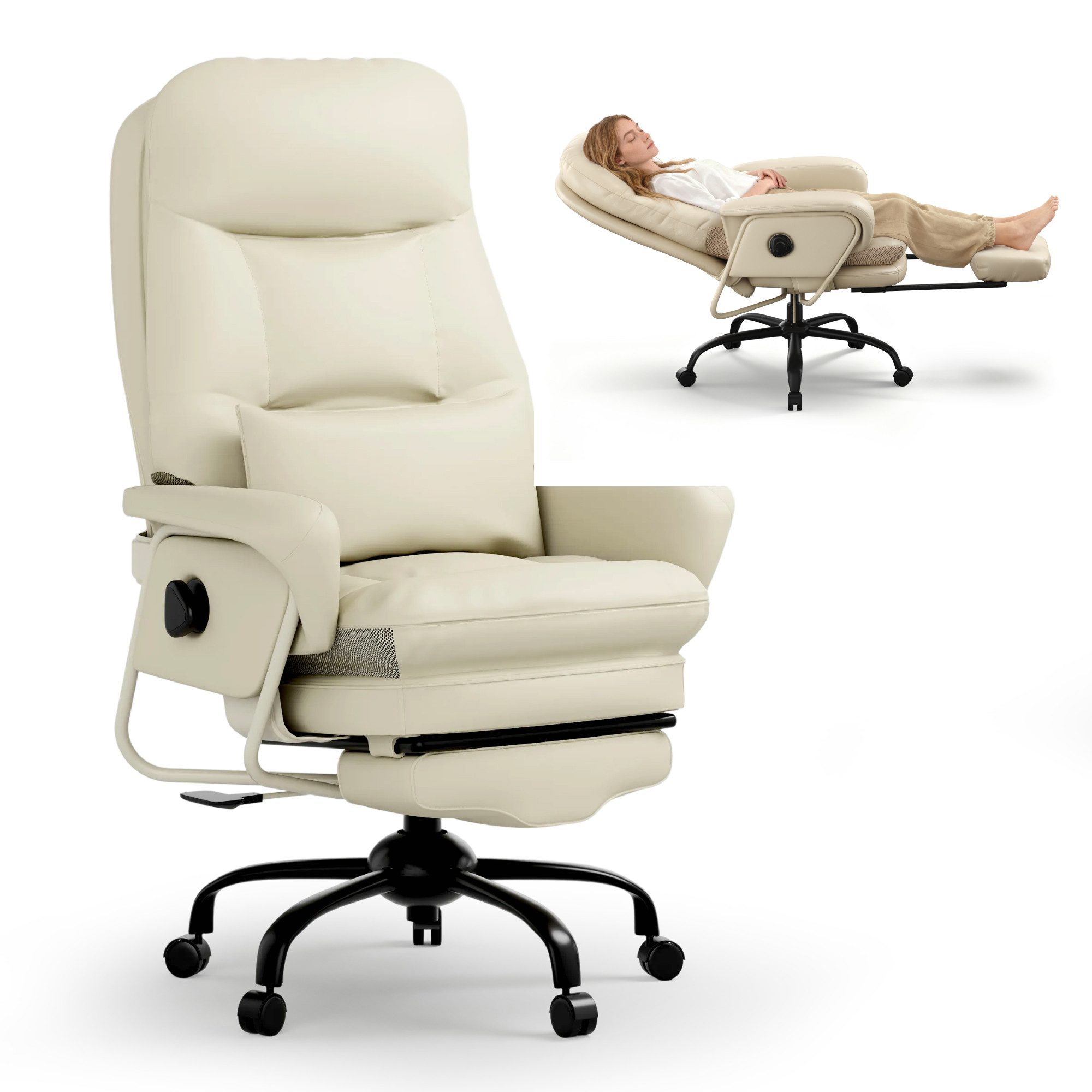 FLEXISPOT Drehstuhl 3-in-1 Ergonomischer Relax- & Bürostuhl mit 160° Liegefunktion (Ausziehbarer Fußstütze, Dickem PU-Komfortpolster und Höhenverstellung), Ideal zum Arbeiten, Entspannen & Mittagsschlaf Beige