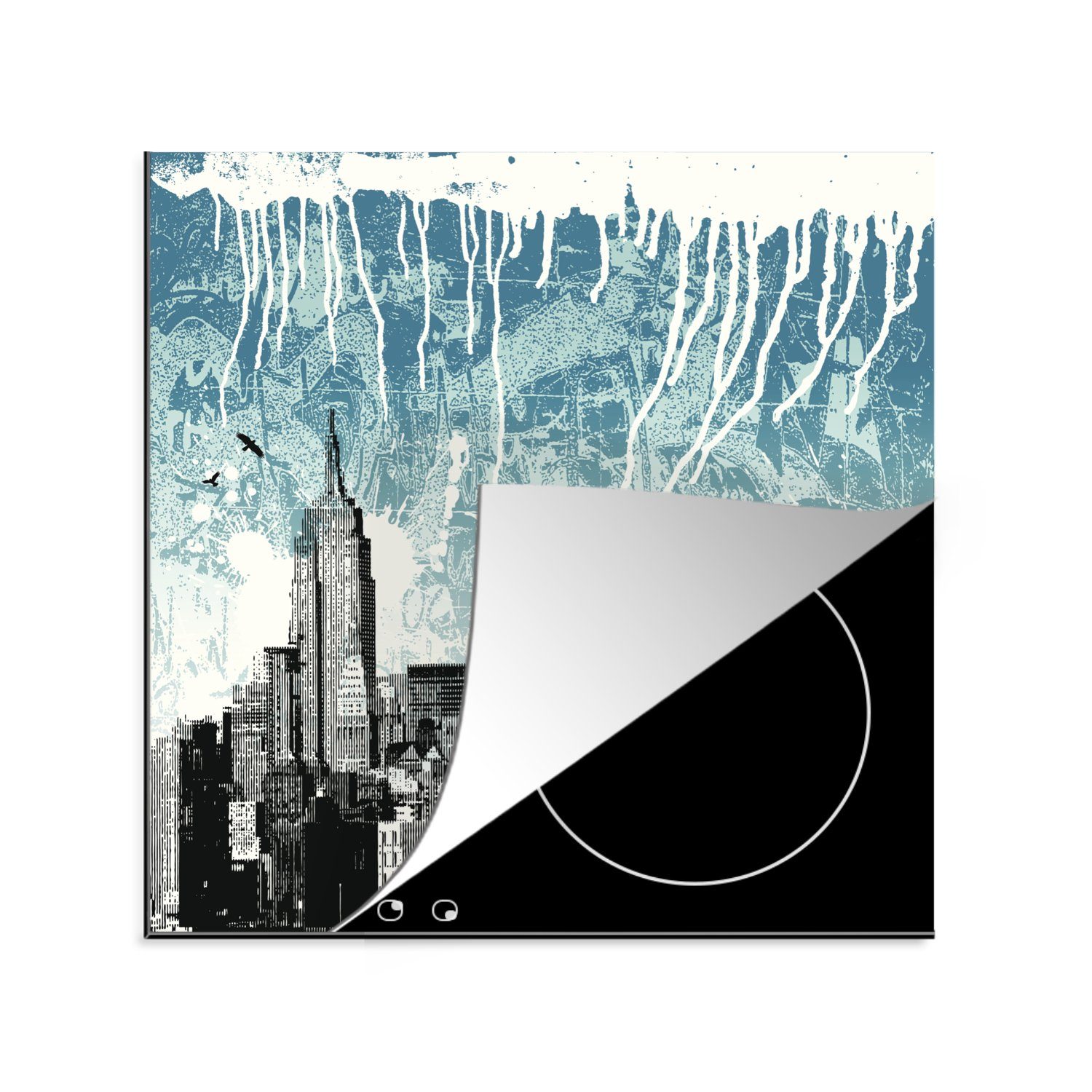 MuchoWow Herdblende-/Abdeckplatte Illustration des New Yorker Stadtbildes in der urbanen Kunst, Vinyl, (1 tlg), 78x78 cm, Ceranfeldabdeckung, Arbeitsplatte für küche