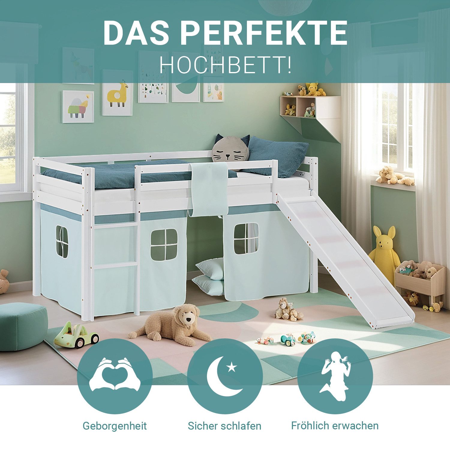 Homestyle4u Hochbett 90x200 Stockbett Vorhang Kinderbett günstig online kaufen