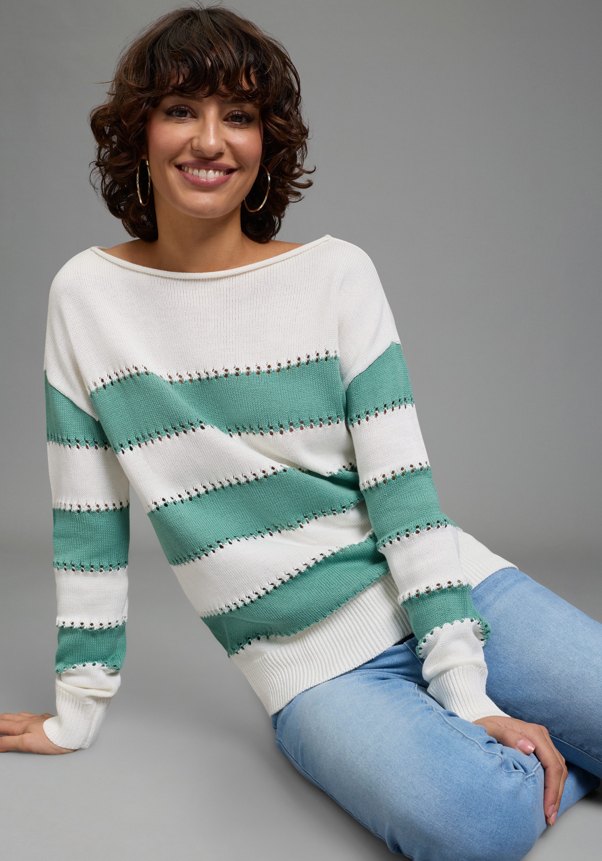 Laura Scott Streifenpullover leichter Sommerpullover mit modernem Lochmuste günstig online kaufen