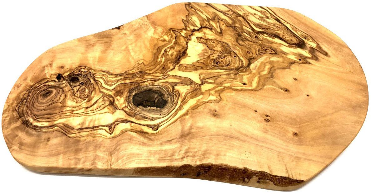 Olivenholz-erleben Schneidebrett Naturschnitt aus hochwertigem naturbelassenem Olivenholz, Massivholz, (1-St), Einzigartige Maserung, rustikale Kante, organische Form, L ca. 40-44cm