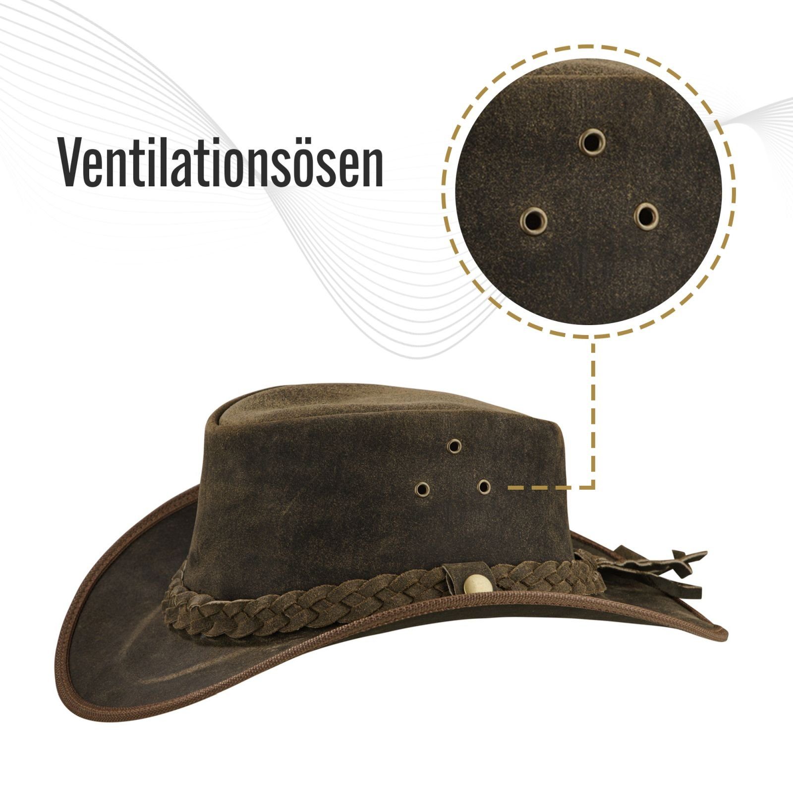 BLACK FOREST FOX Cowboyhut TEXAS Unisex Western Reiten Cowboy Leder Hut in 4 Farben VIntage Brown Größe XXL