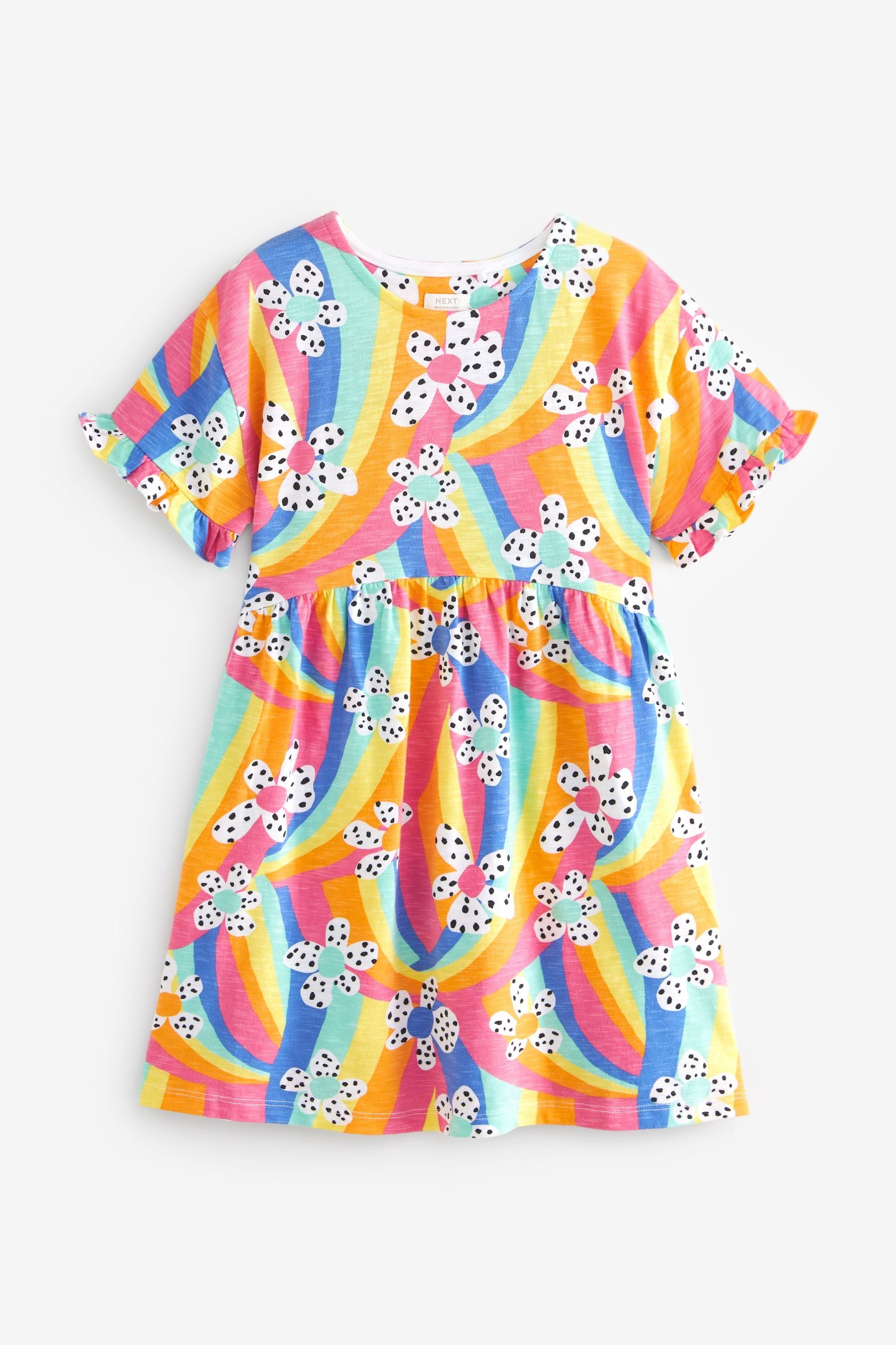 Next Jerseykleid Kurzärmliges Jersey-Kleid (1-tlg) Flower Pink/Blue/Green Rainbow Print