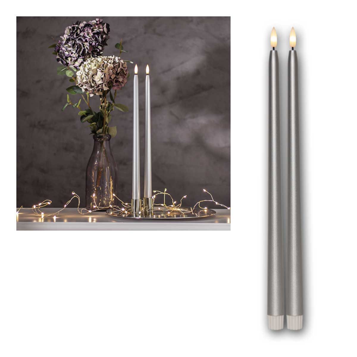 STAR TRADING LED-Kerze LED Stabkerzen "FLAMME METAL" 2er Set silber 39cm