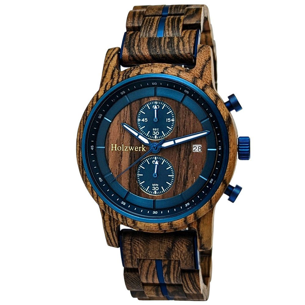 Datum Holzwerk in braun, Chronograph Holz Uhr SEELAND mit Herren Armband blau metallic