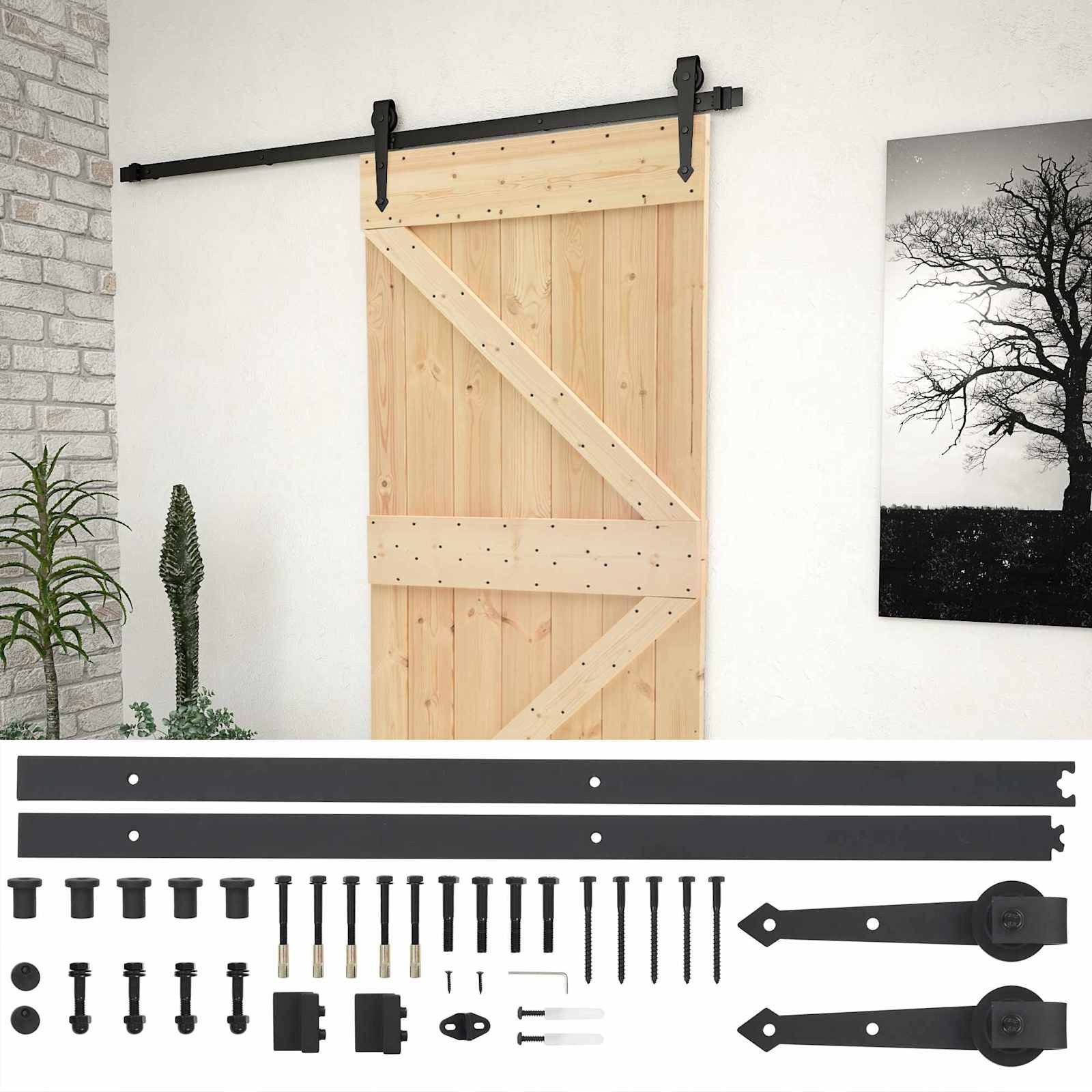 furnicato Schiebetür Massivholz 80 x 210 cm Natur und Schwarz, Stabile Gleittür mit Schienensystem für den Innenbereich