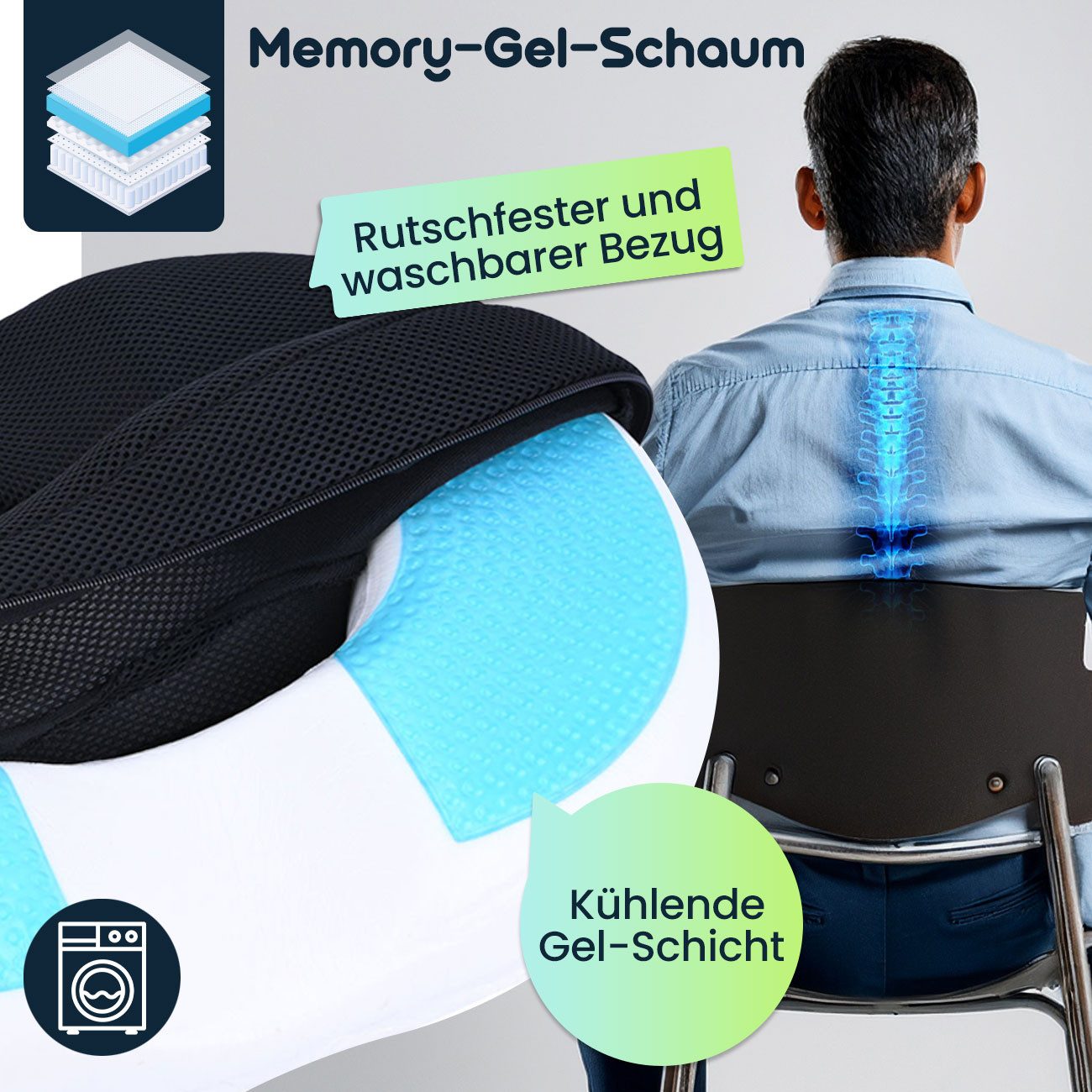 Casativo Sitzkissen Ergonomisches Ring-Sitzkissen aus Memory-Gel-Schaum, für Stuhl, Bürostuhl oder auch im Auto