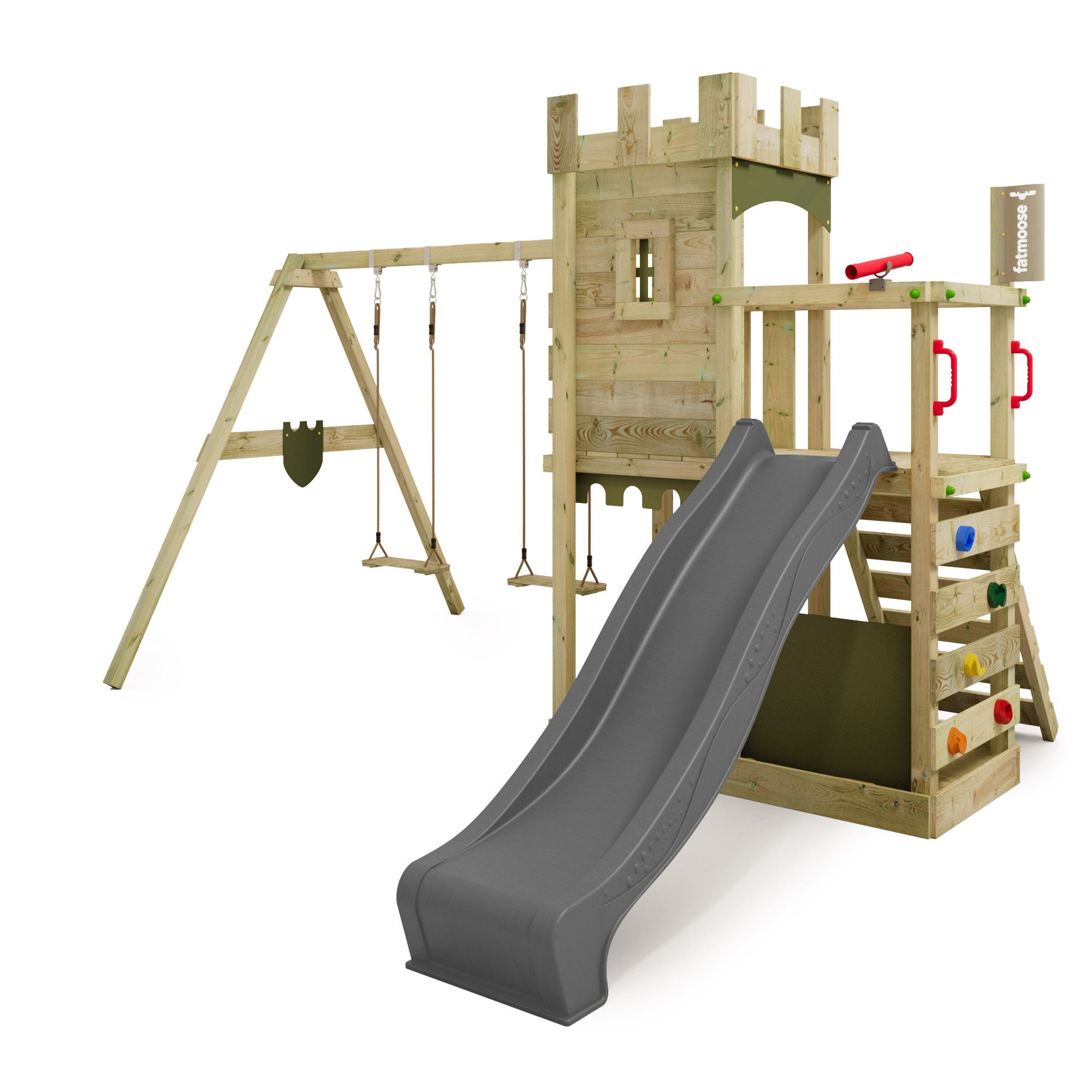 FATMOOSE Spielturm BoldBaron mit Schaukel, Rutsche & Kletterwand, Kletterturm aus Massivholz für Kinder – 10 Jahre Garantie*