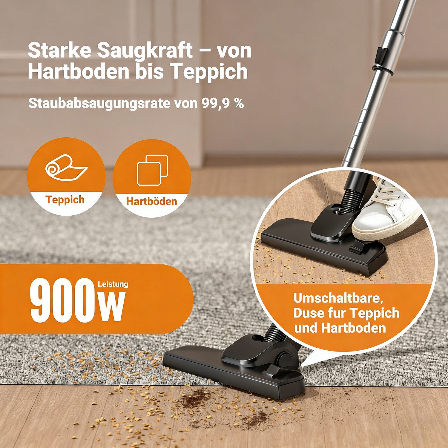 Forrlite Bodenstaubsauger Beutelloser Staubsauger starke Saugleistung,Kompakt Leicht Staubsauger, beutellos, für Hartböden Teppiche,leise,2,5L Staubbehälter, 5m Kabel