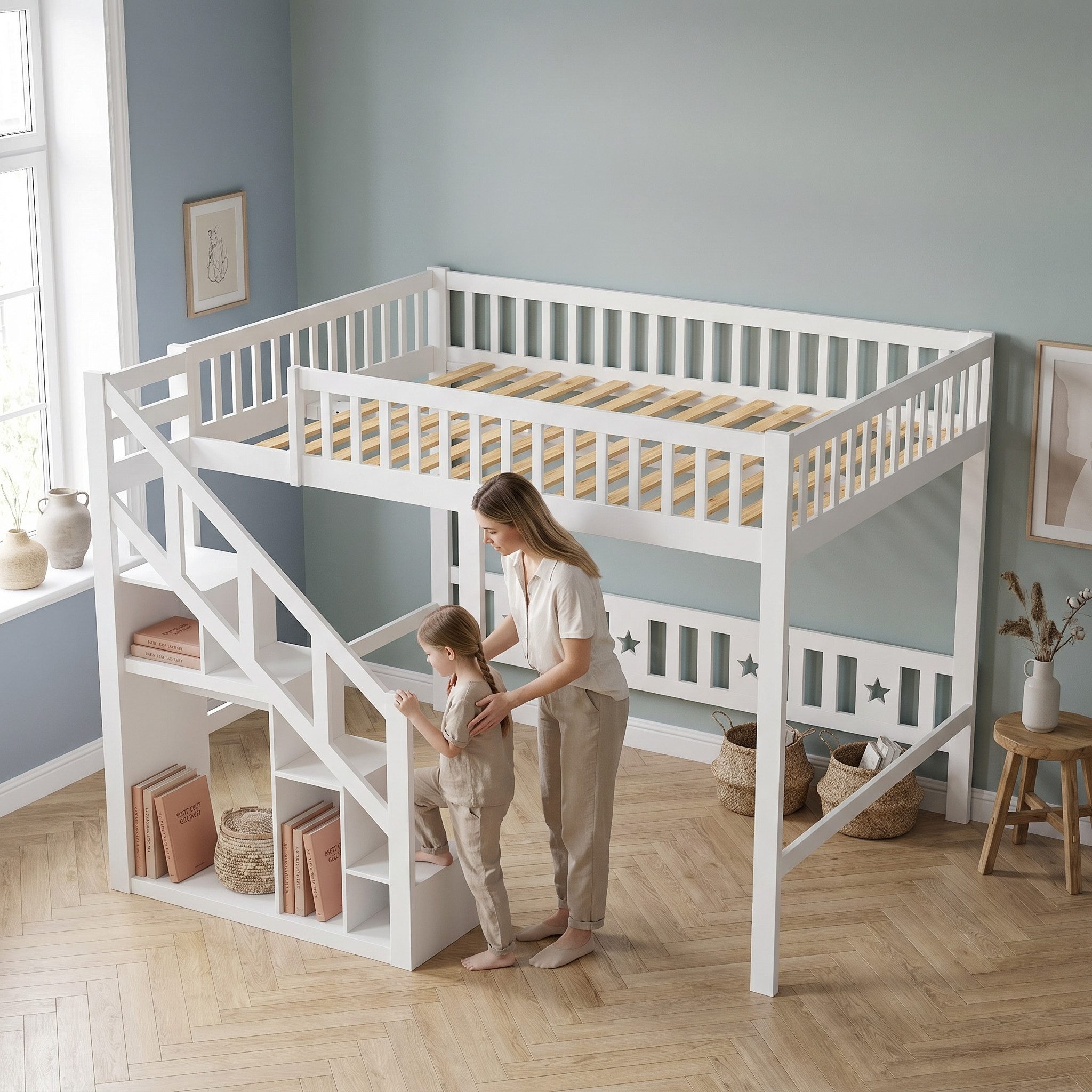 FUROKOY Etagenbett Kinderbett Hochbett mit Treppe und Absturzsicherung, Holzbett 140x200cm,Rausfallschutz und Holzlattenrost,Kiefer, Weiß – Bild 5 von 5