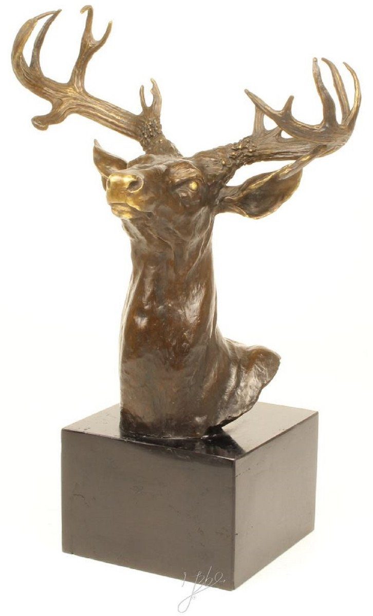 / Dekofigur Bronzefigur Bronze Marmorsockel Padrino - Casa Luxus Gold Elegante Hirschkopf Grau / 50 Dekofigur H. mit cm