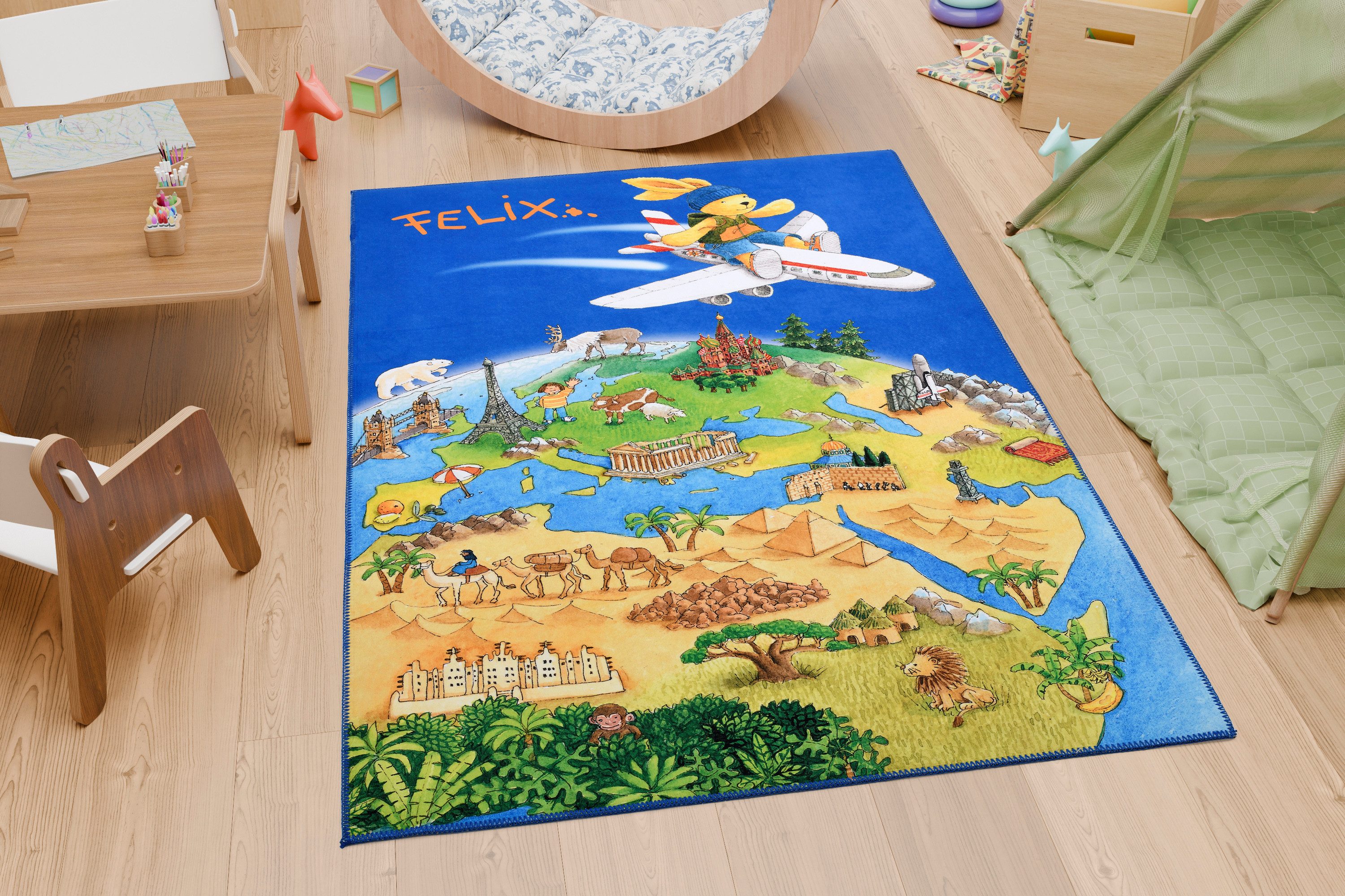 Felix Kinderteppich Felix der Hase Flugzeug blau, rechteckig