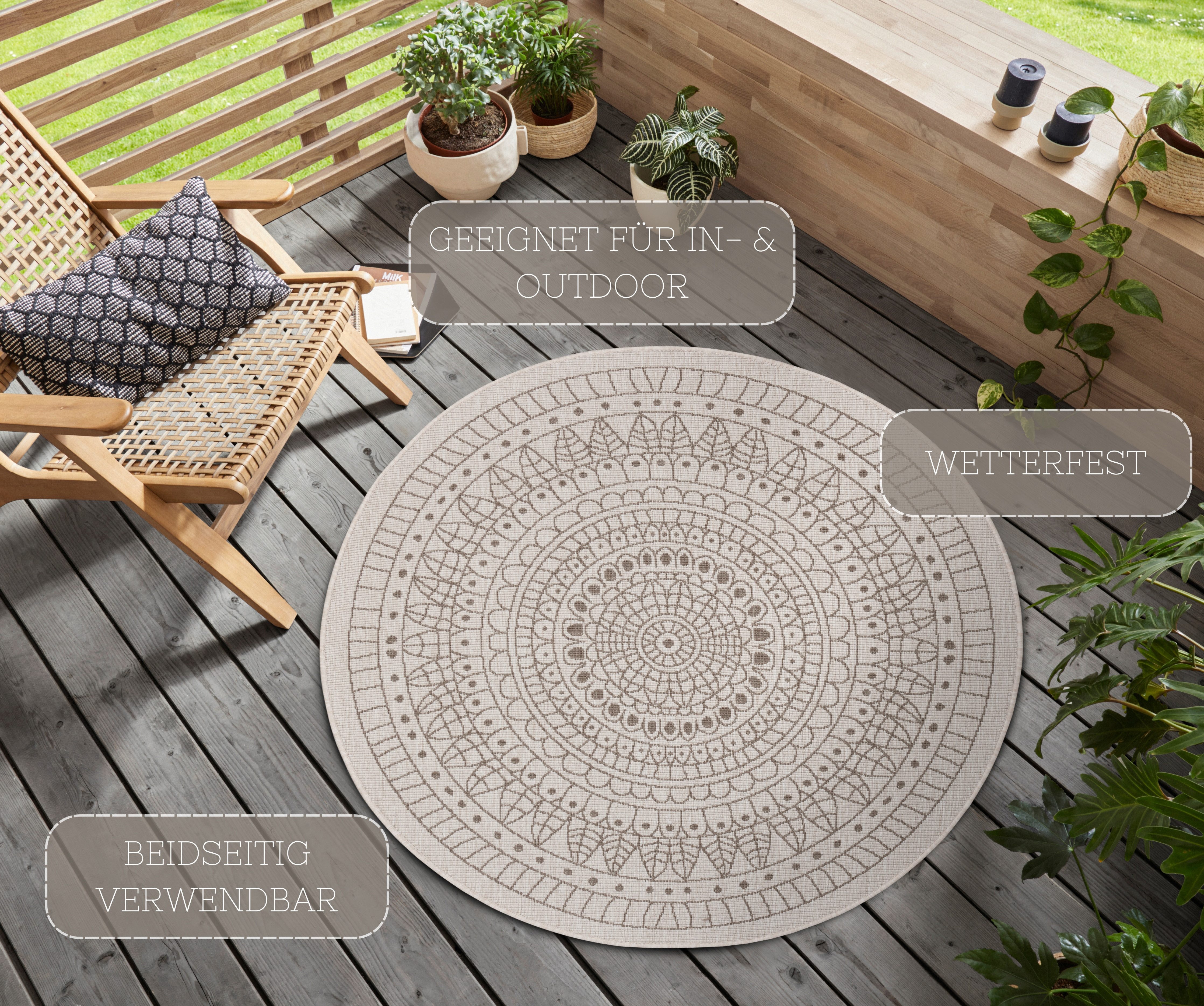HANSE Home Teppich Porto Wendeteppich, rund, Höhe: 5 mm, In-& Outdoor, Wetterfest, Balkon, Garten, Wohnzimmer, Wasserfest