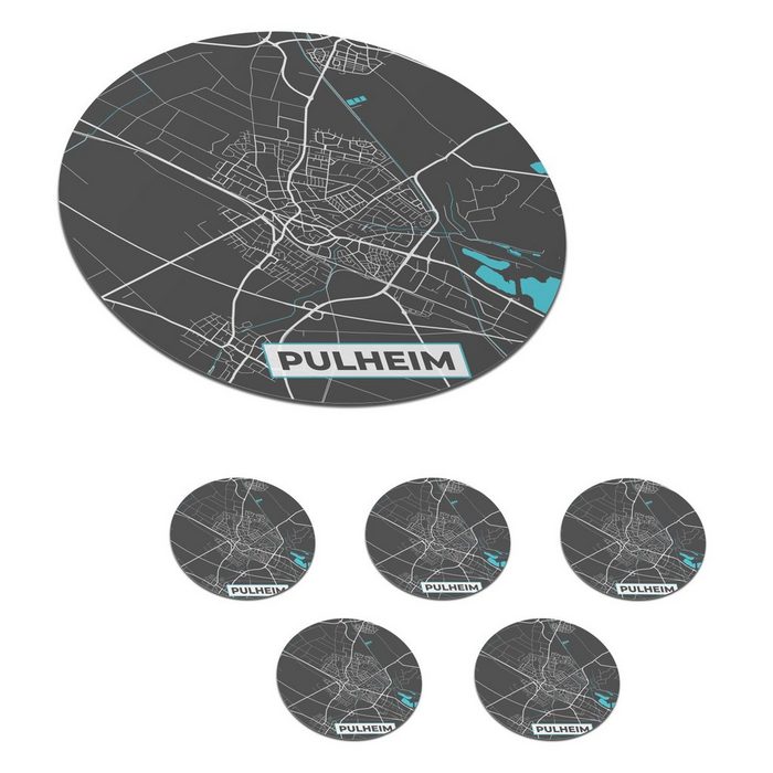 MuchoWow Glasuntersetzer Stadtplan - Karte - Pulheim - Blau - Deutschland - Karte Zubehör für Gläser 6-tlg. Getränkeuntersetzer Tassenuntersetzer Korkuntersetzer Tasse Becher