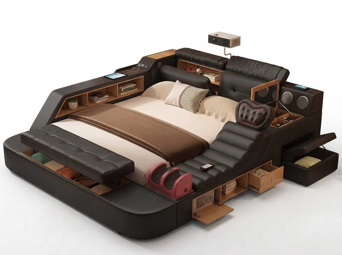 JVmoebel Multimediabett Premium Designerbett Schwarz mit Beamer Ablagen und Ausstattung, Made in Europa
