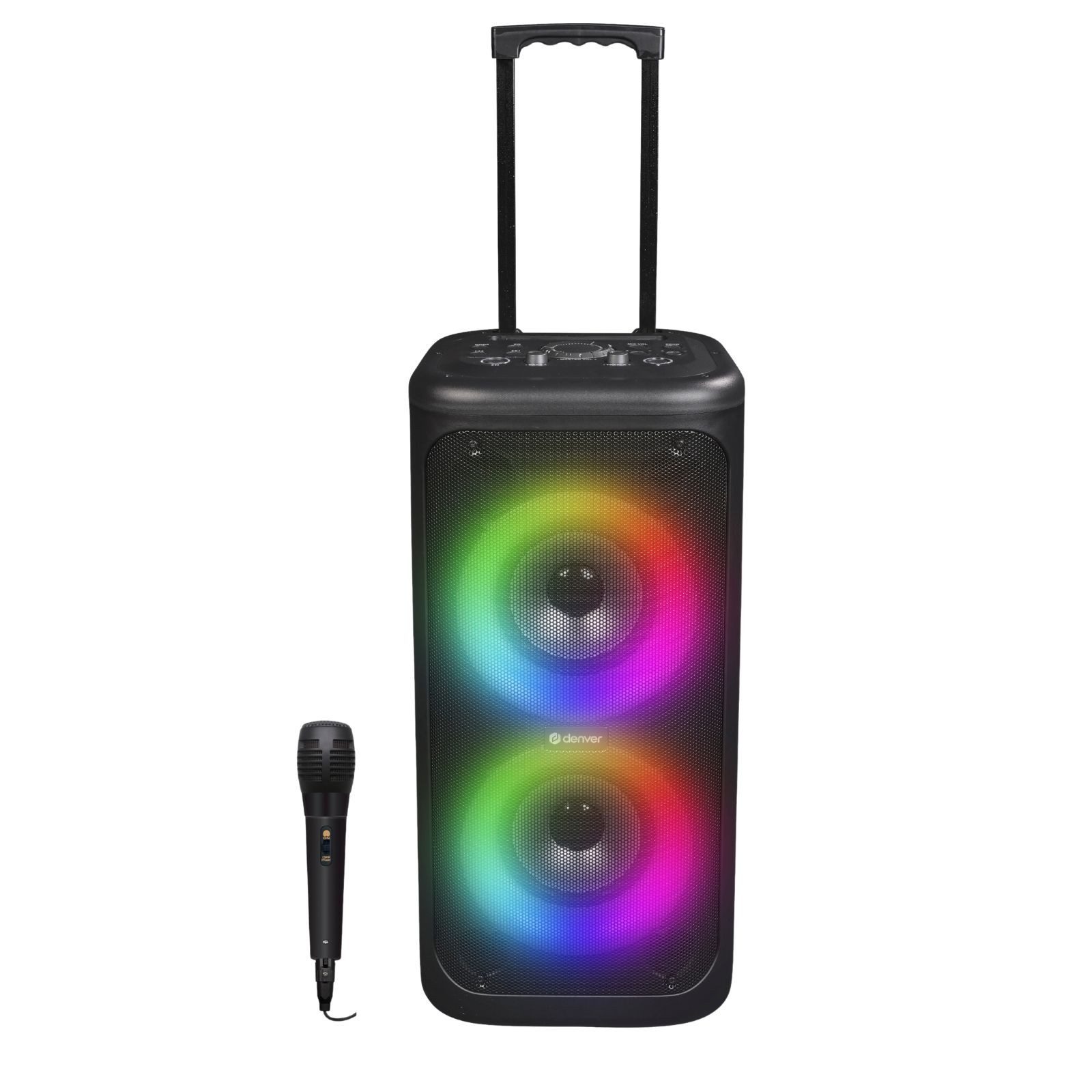 Denver TSP-353 – Bluetooth Trolley-Lautsprecher mega LED-Lichtshow Mikrofon Party-Lautsprecher (40 W, fahrbar, Griff, LED-Beleuchtung, TWS-Pairing möglich)