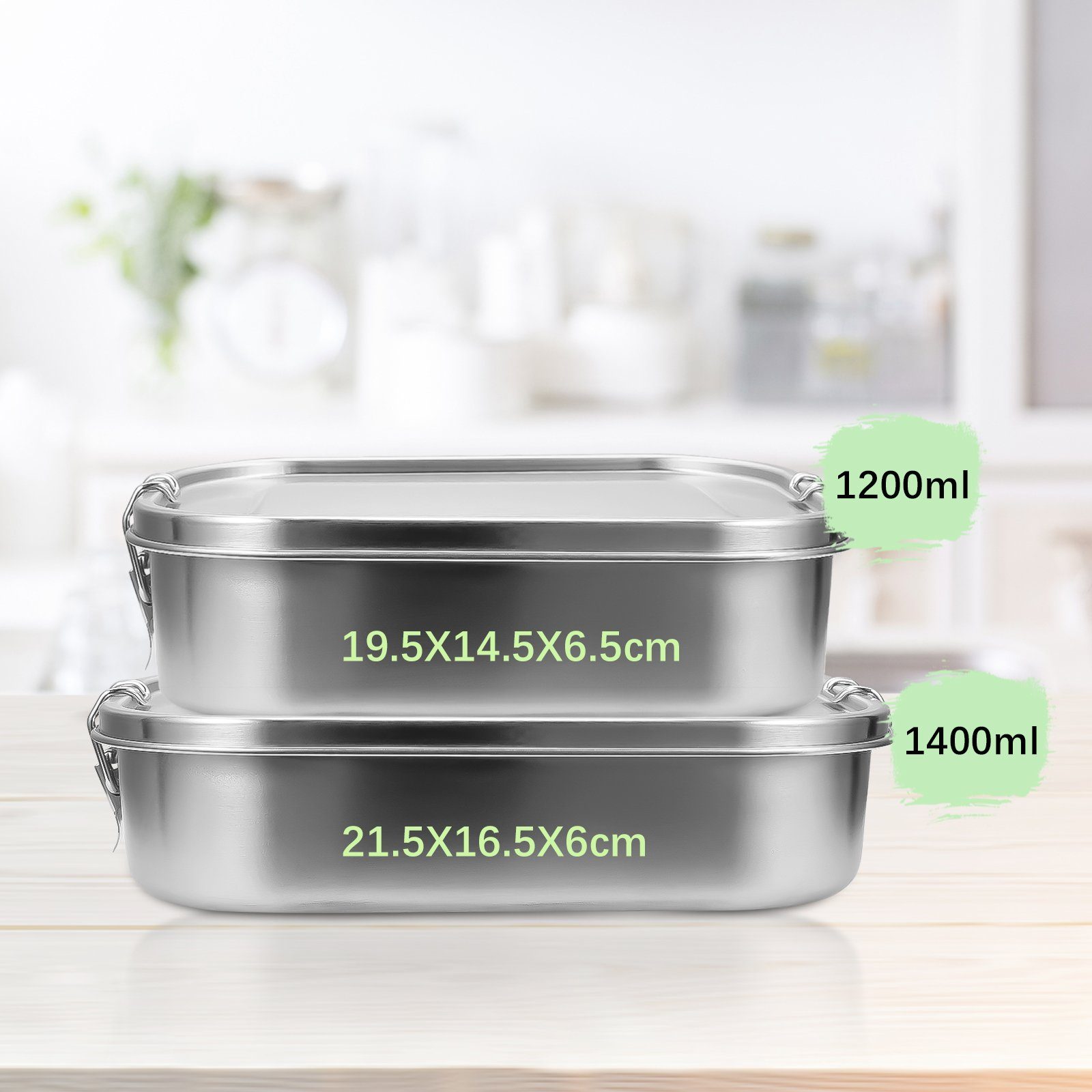 Clanmacy Lunchbox 800-1400ml Brotdose Metall Silber BPA Fächern Lunchbox (abnehmbar) Edelstahl, 1200+1400ml Brotdose Thermobehälter frei