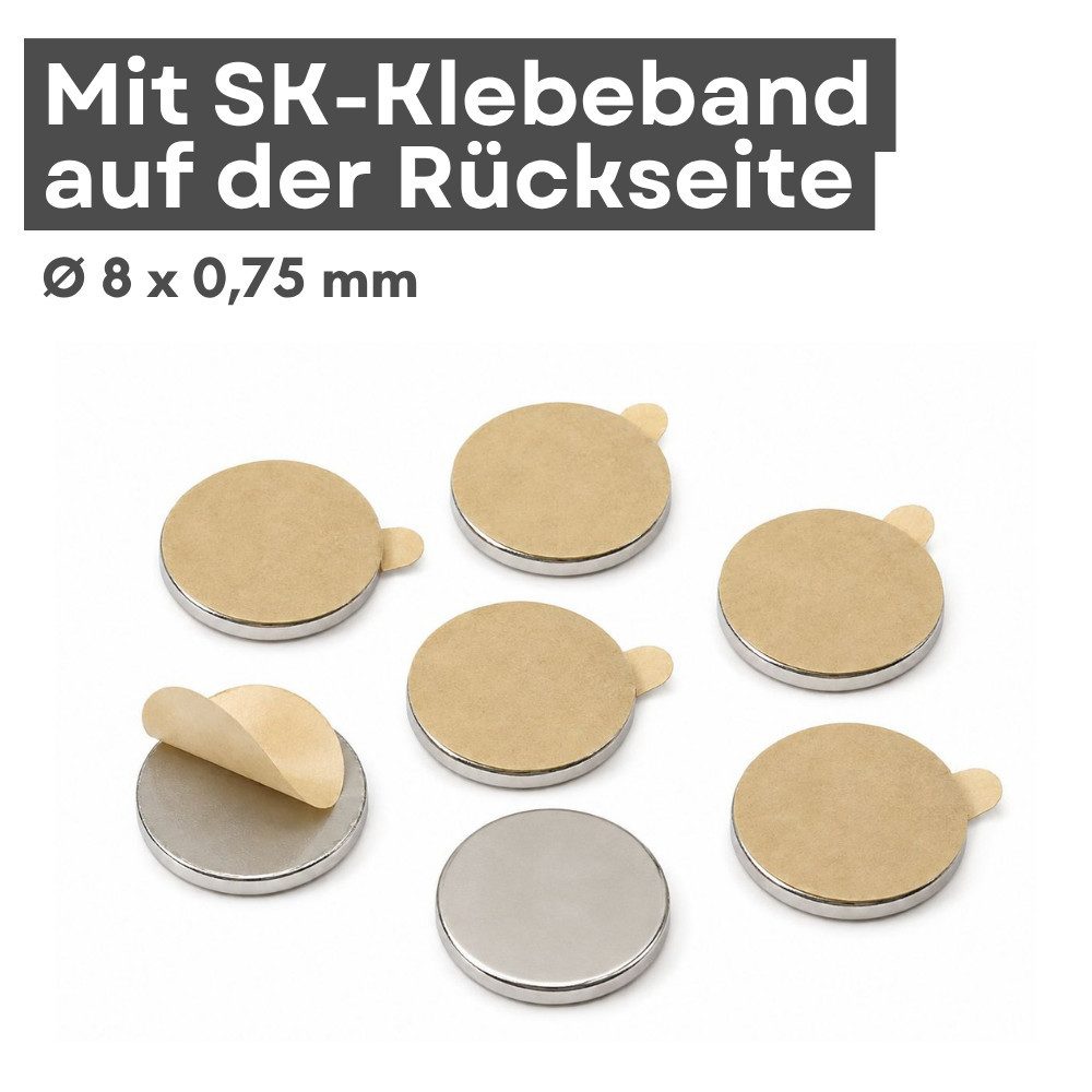 MaajeeKuto Magnet 3M Neodym Scheibenmagnet Ø8x0,75 mm selbstklebend N42 – 0,37 kg (2-St)