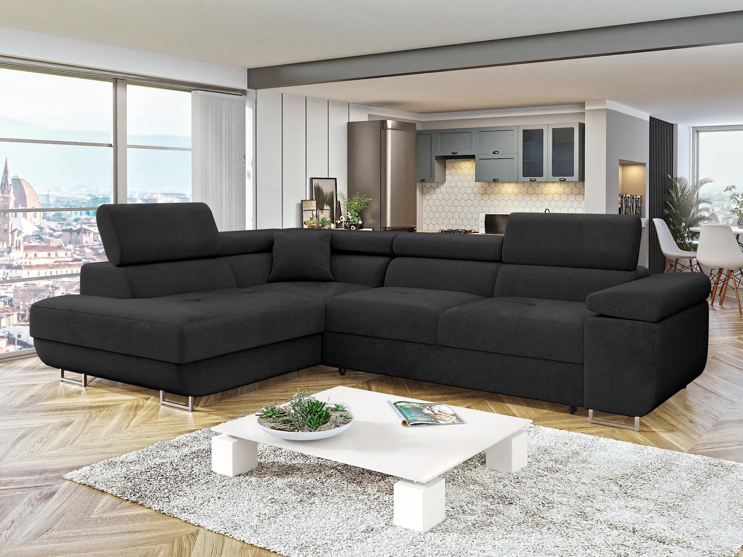 MIRJAN24 Ecksofa Torezio, mit Bettkasten und Schlaffunktion, Einstellbare Kopfstützen, 274x203x70-90 cm