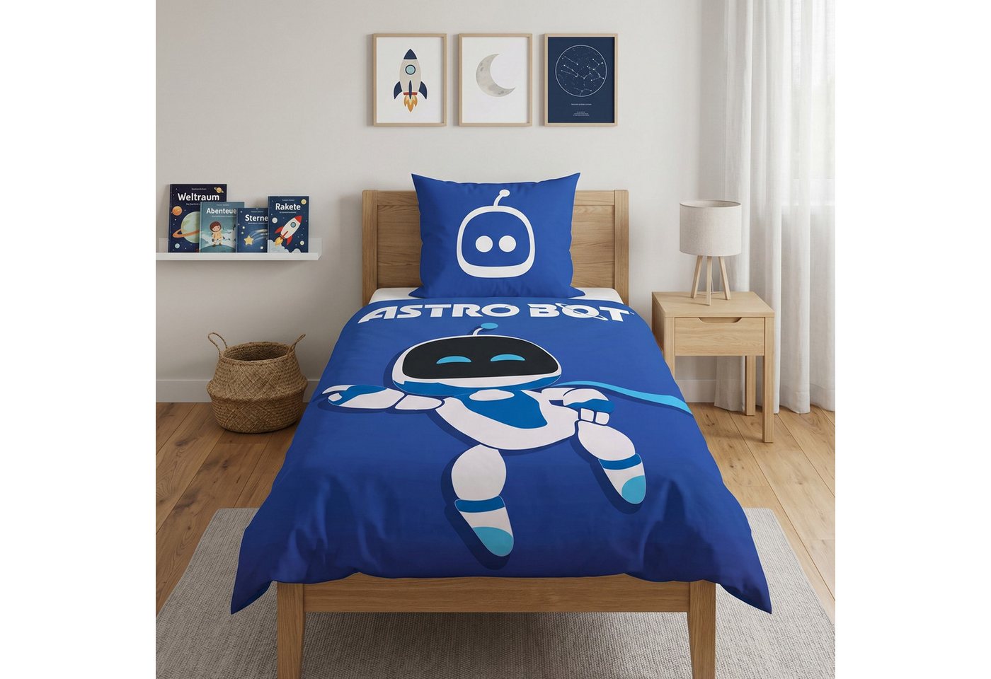 MTOnlinehandel Bettwäsche 135x200 Astro Bot, Geschenk für Gamer, Mikrofaser, 2 teilig, Wendebettwäsche in Blau/ Weiß, Playstation