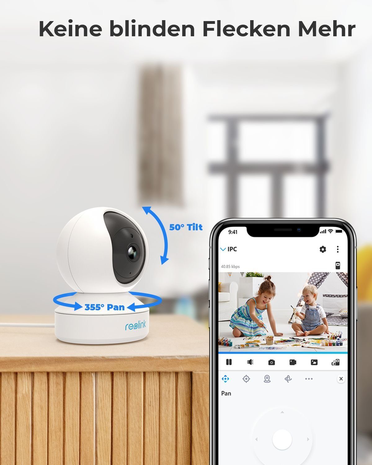 Reolink Überwachungskamera E1 3MP WLAN IP (Indoor, Packung, 1-tlg., 355° Schwenk & 50° Neigung, Pan-Tilt,2,4-GHz-WLAN,Bewegungserkennung,Bidirektionales Audio)