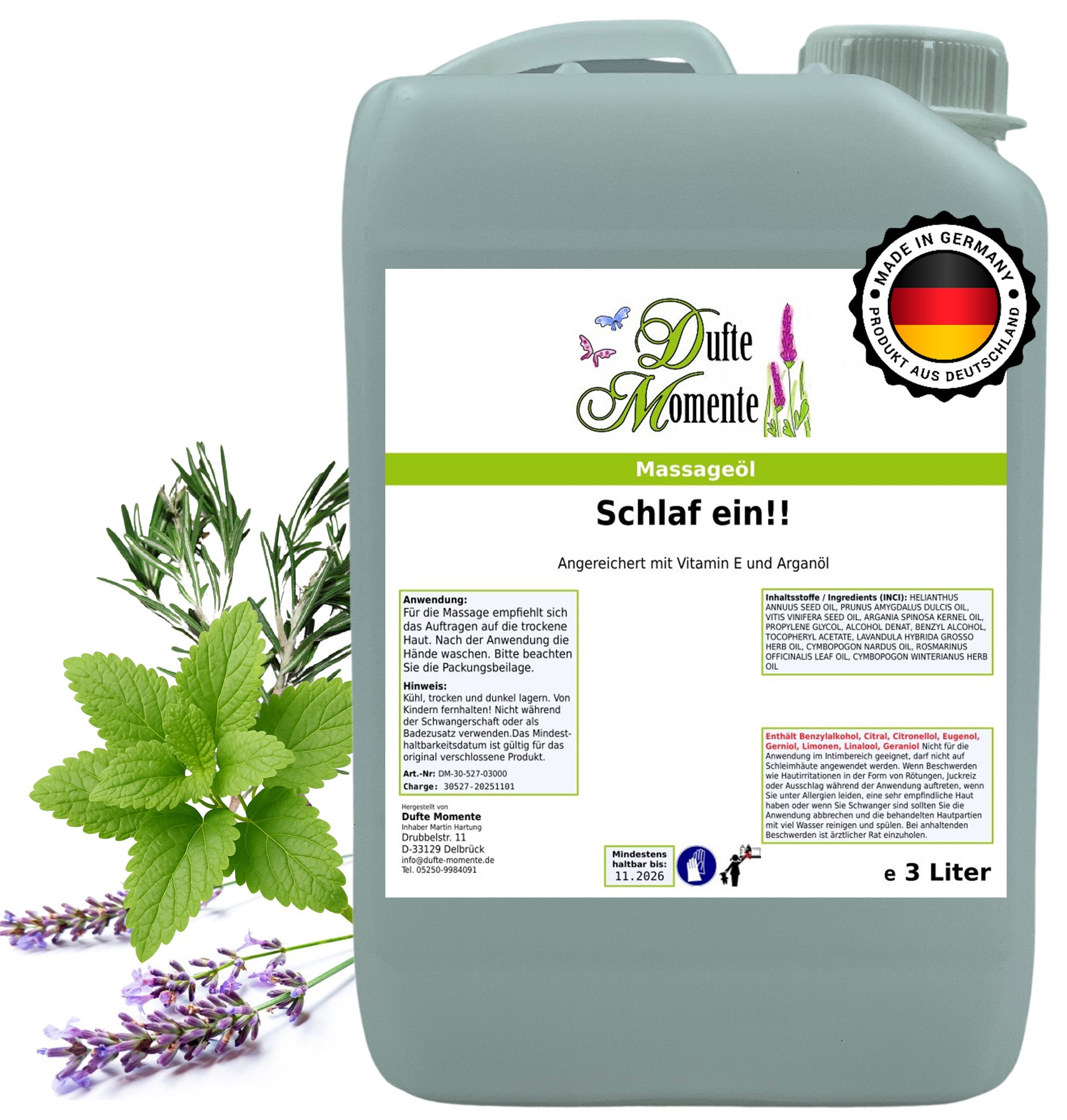 Dufte Momente Massageöl Schlaf ein (Lavendel, Melisse, Rosmarin) 250ml - 3L, Paraffinölbasis, vegan & ohne Tierversuche