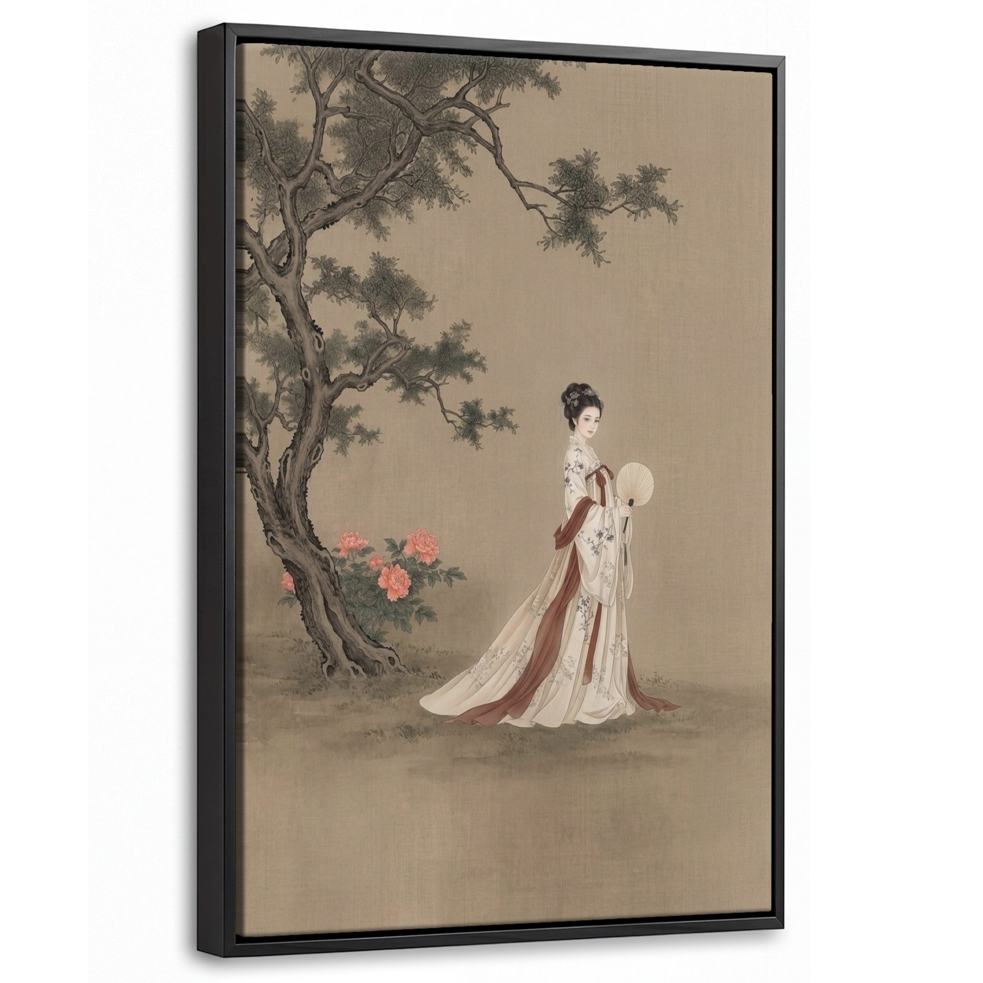 OneMillionCanvasses® Leinwandbild mit Rahmen - Frau - Asien - Kunst - Beige, Fotodruck (1 St), Deko für Wohnzimmer Schlafzimmer Küche 20x30cm