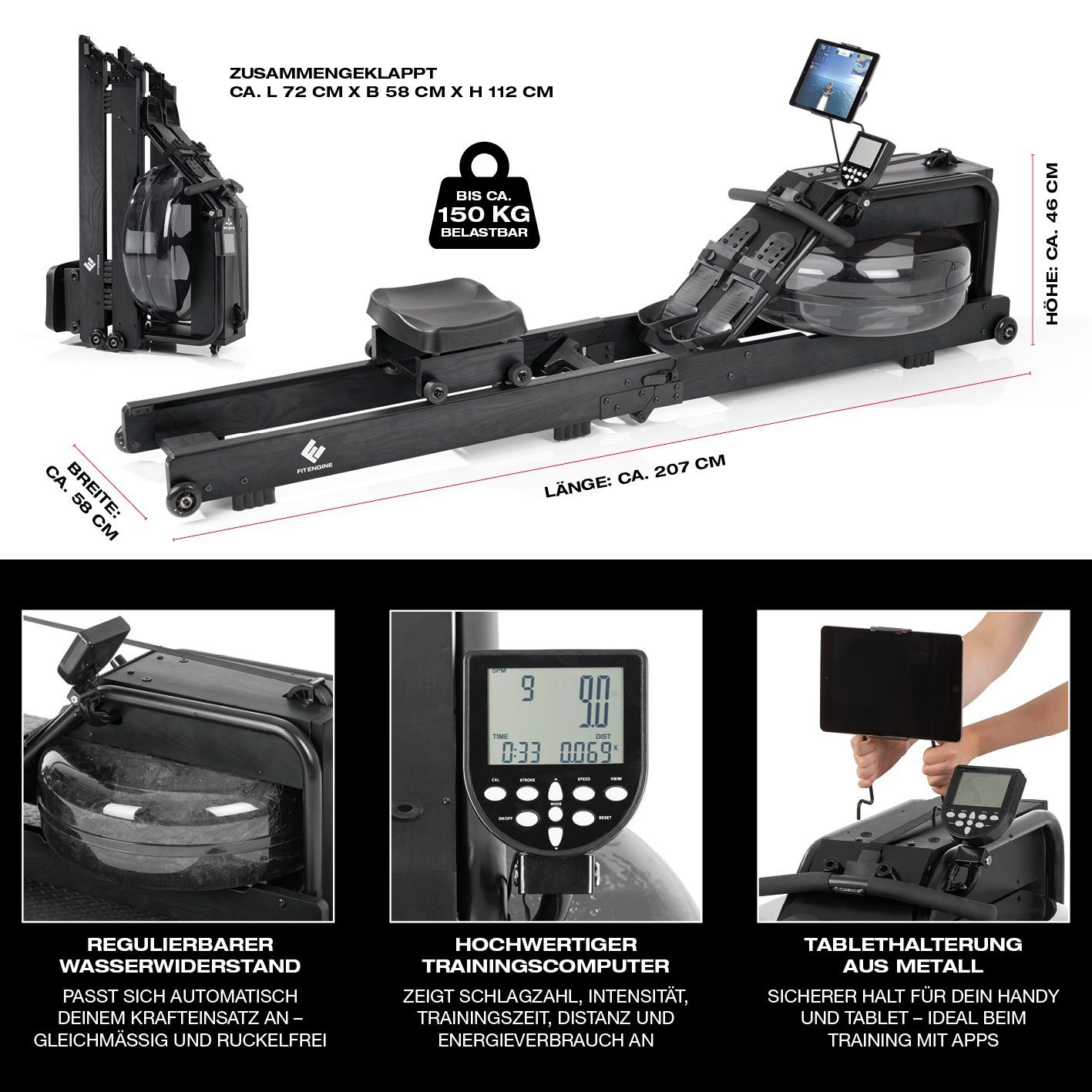 2.0 - klappbares FitEngine Black 210cm Wasser-Rudergerät - Rudergerät