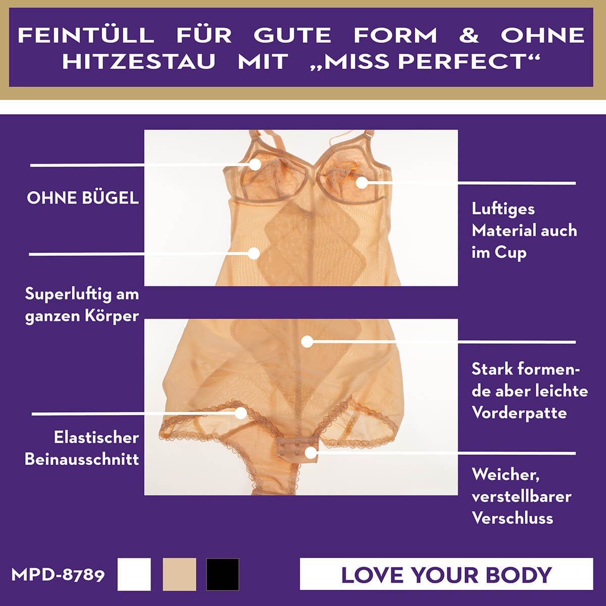 Miss Perfect Body 8789 Shapewear Korselett ohne Bügel aus elastischem Feintüll