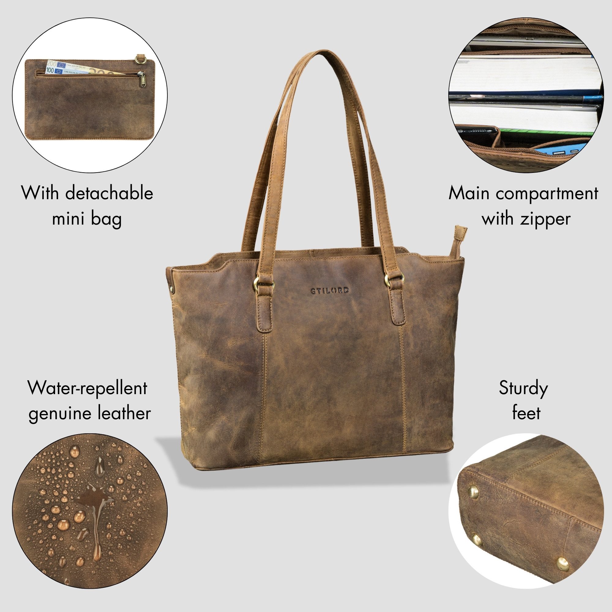 STILORD Laptoptasche "Livia" Leder Shopper Tasche Damen Groß 2-teiliges Set mit Clutch