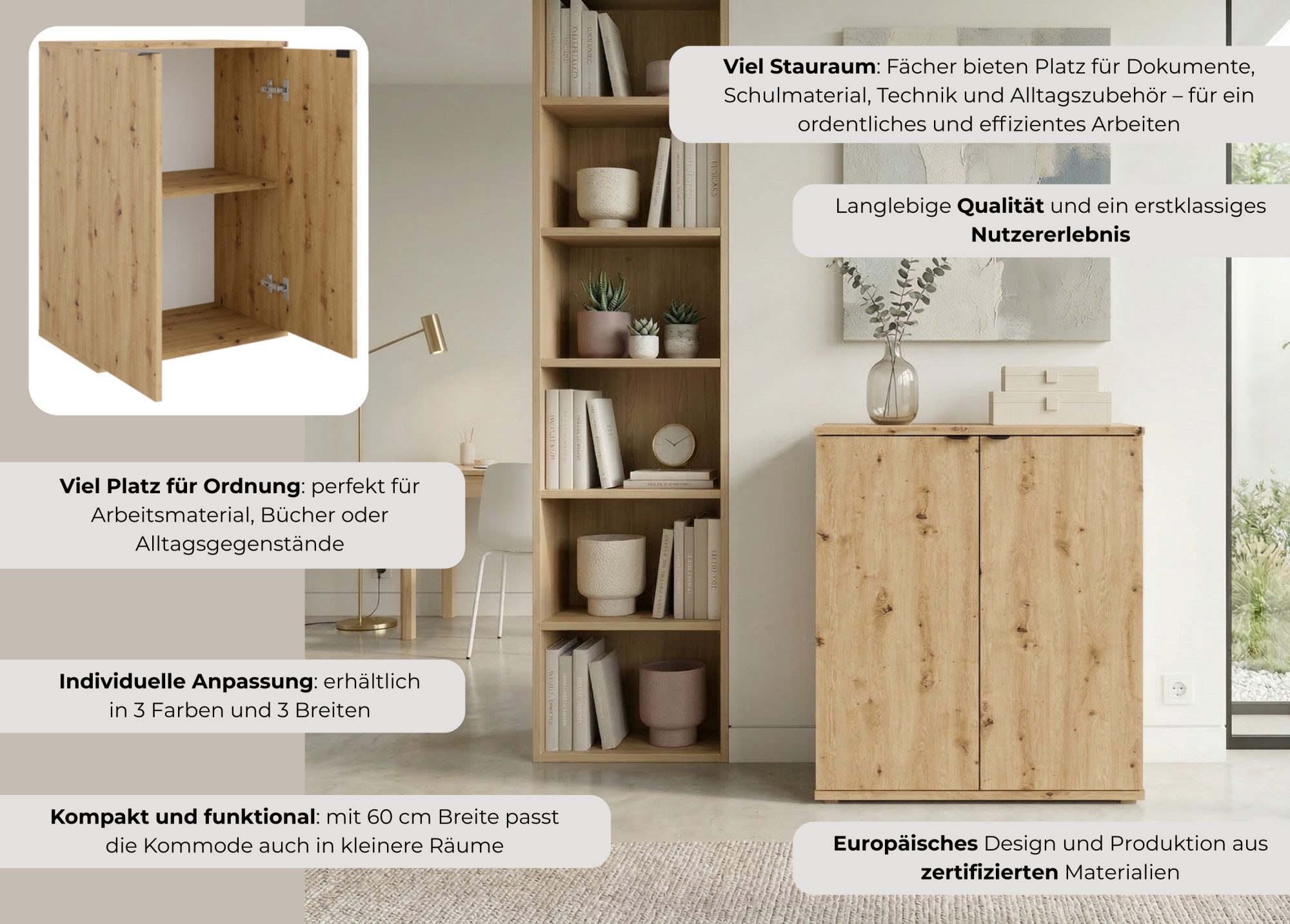 OTTO home Kommode THALIAANA Sideboard mit 2 Türen, modernes Design, Breite 60 cm, Schrank in 3 Farben erhältlich, schwarze Metallgriffe, viel Stauraum – Bild 3 von 5