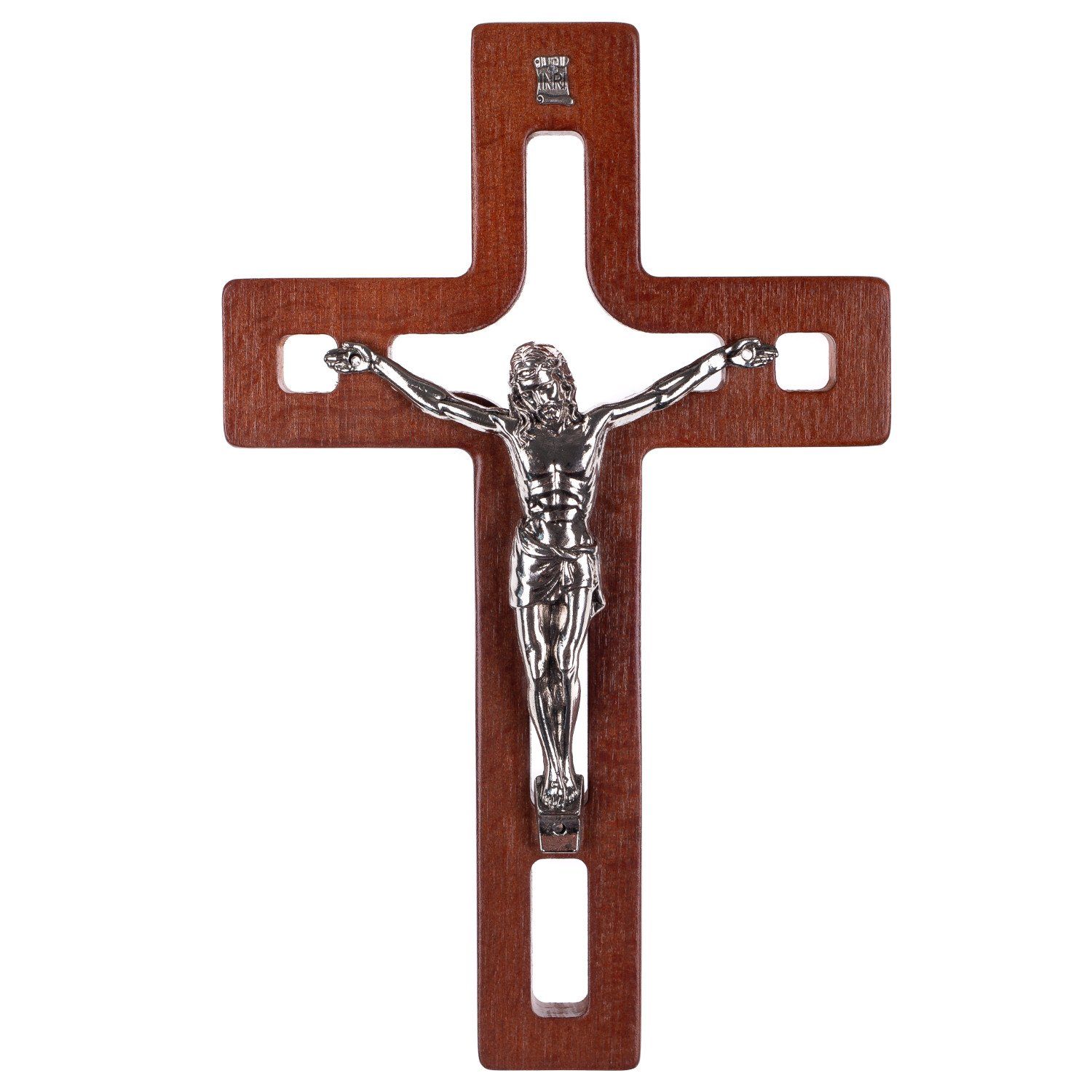 Luda Studio Wanddekoobjekt, Modernes hängendes Holzkreuz mit Passionskreuz 25 x 16 x 1,6 cm Braun